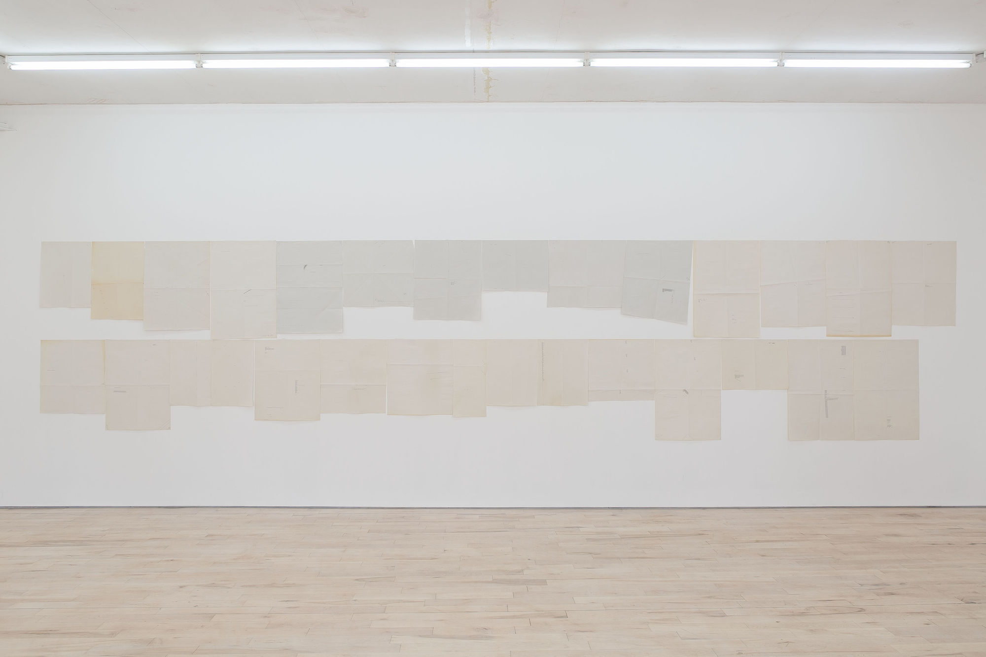 Sue Tompkins The view from the long couch, 2015 Typewritten text on newsprint, 29 sheets dimensions variable