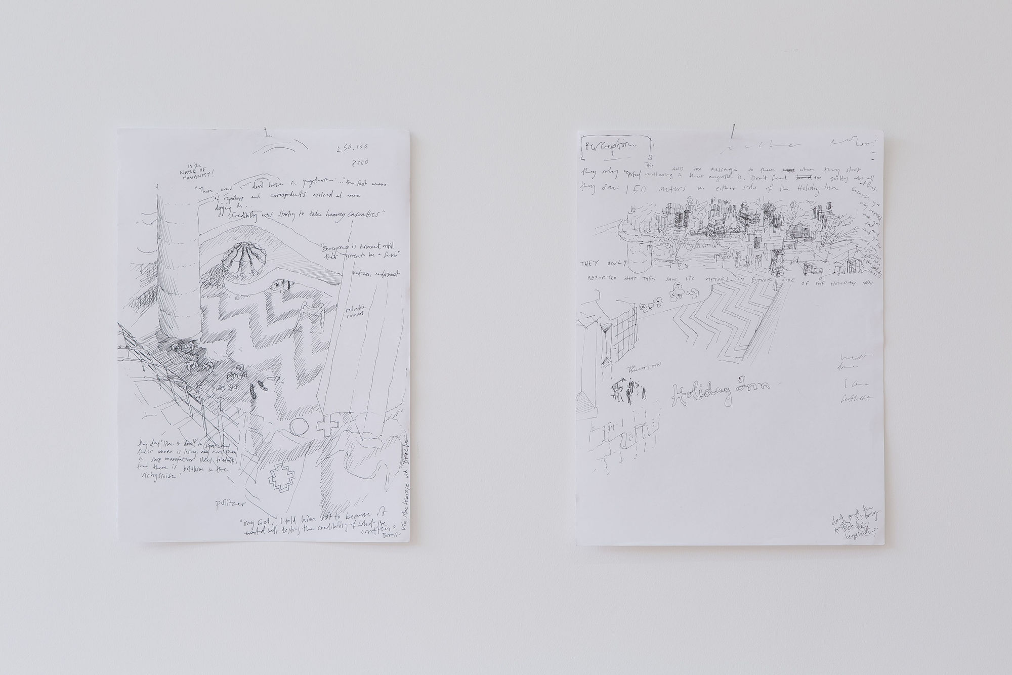 Beth Collar Do not feel too guilty about all of this because you only reported what you saw, and what you saw was only 150 meters on either side of the Holiday Inn, 2015 Video, ink on paper