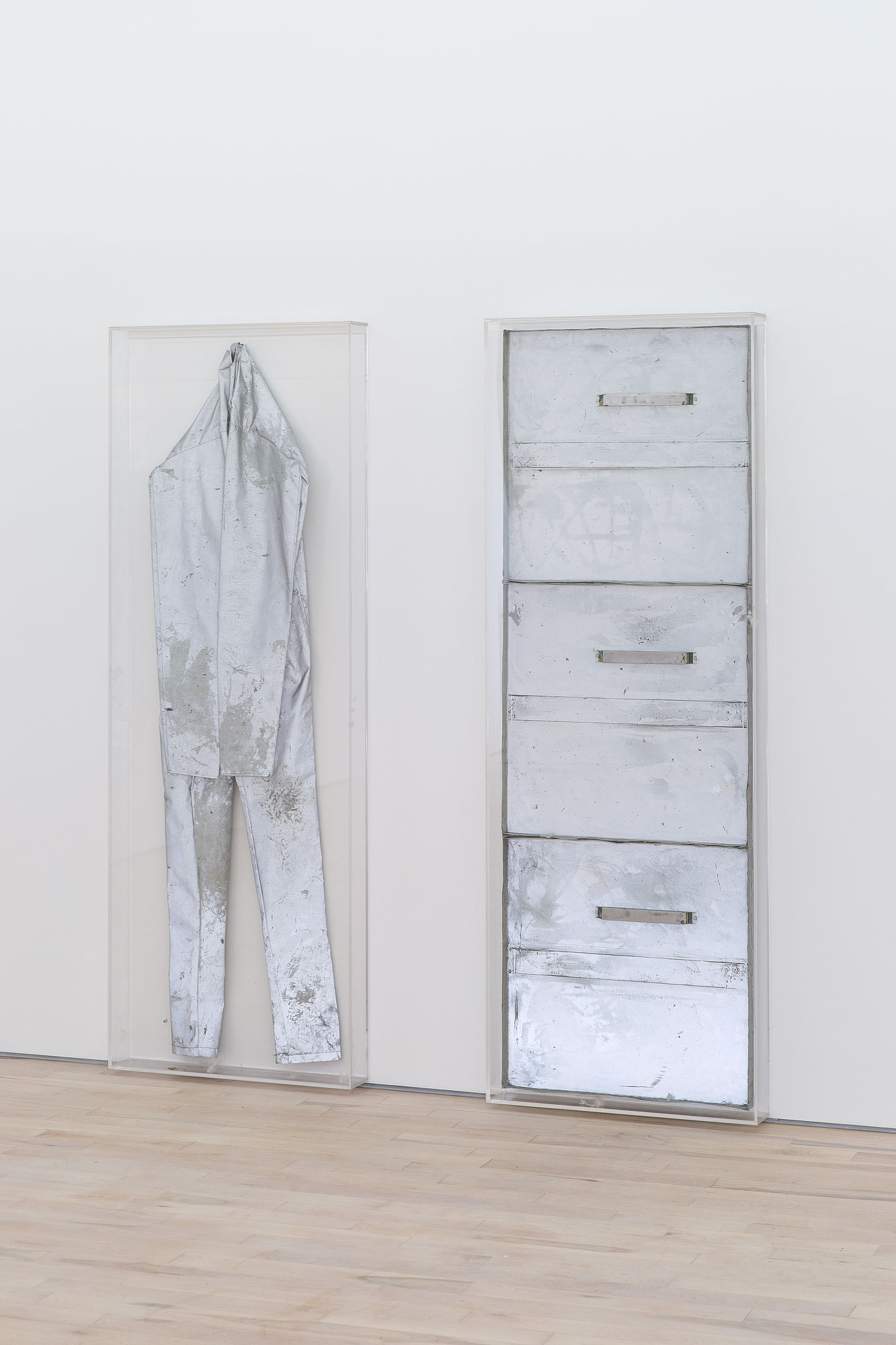 Piotr Lakomy Untitled (The diptych), 2014-2015 altered office lamps, reflective fabric, plexiglass, feathers, Barbour wax 183 x 160 x 9cm