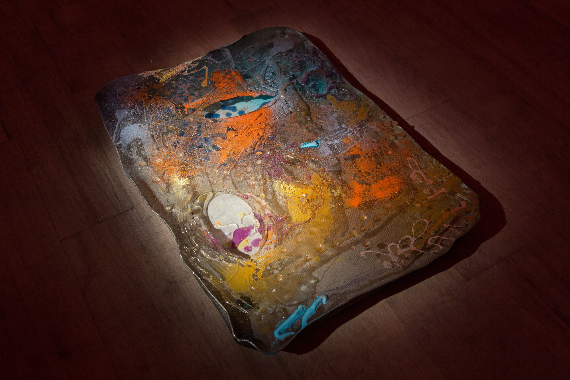 Samara Scott Sickle, 2014 Baking tray, tights, water, acrylics, hair gel, nail varnish, sand