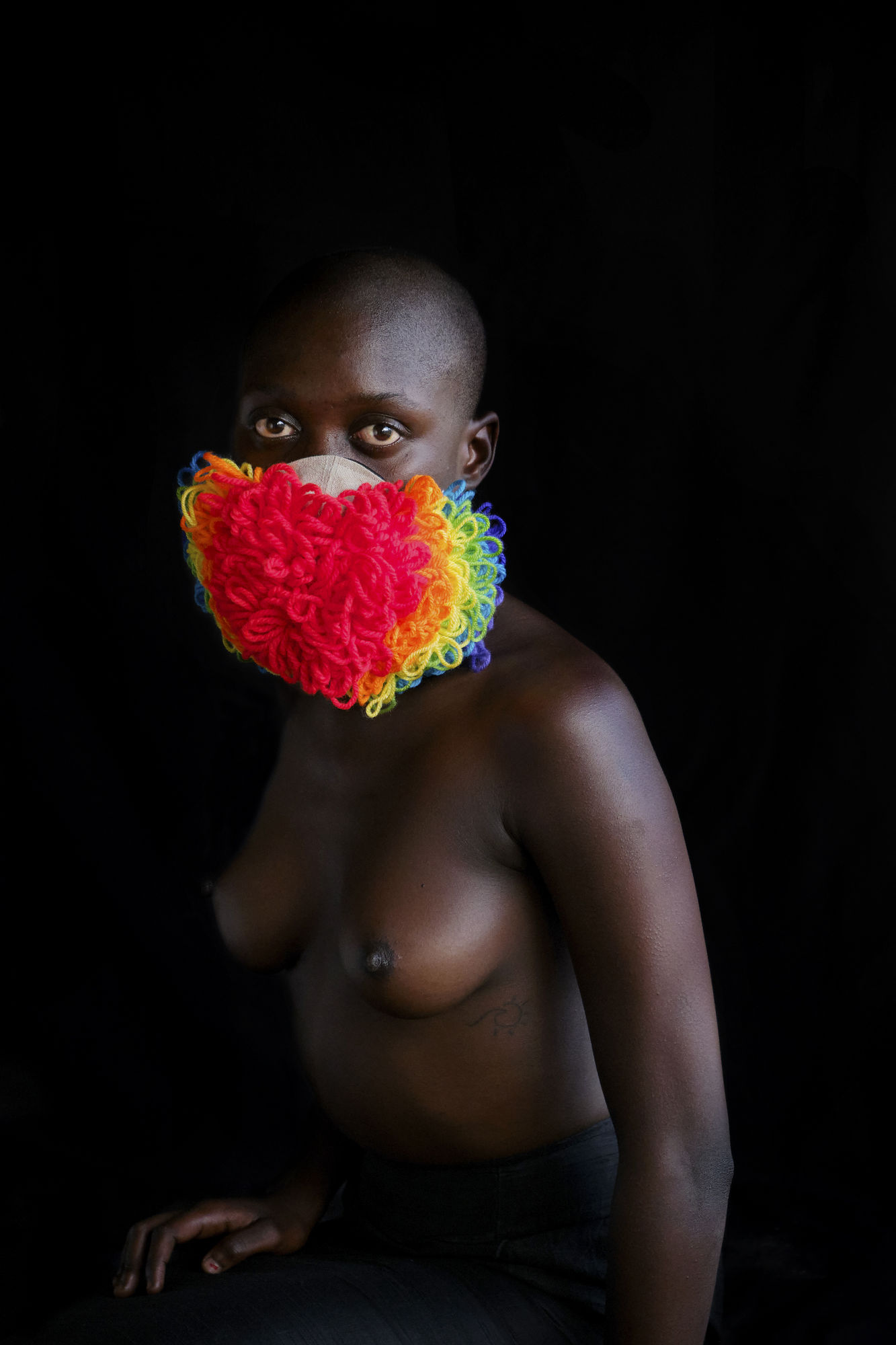 NONZUZO GXEKWA UNTITLED 01, 2020 100 x 68 cm | Edition of 8 plus 2 AP PIERRE LE RICHE UNTITLED I (PRIDE MASK IN RAINBOW COLOURS), 2020 Belgian linen, tapestry canvas, acrylic yarn, found fabric