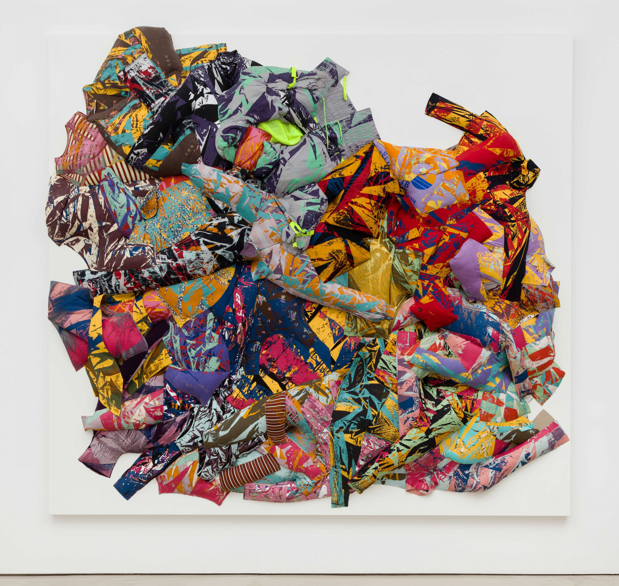 Aiko Hachisuka Postcard 2016 Silkscreen on clothing, kapok and acrylic paint on linen 92 x 100 inches (233.7 x 254 cm) AH 160