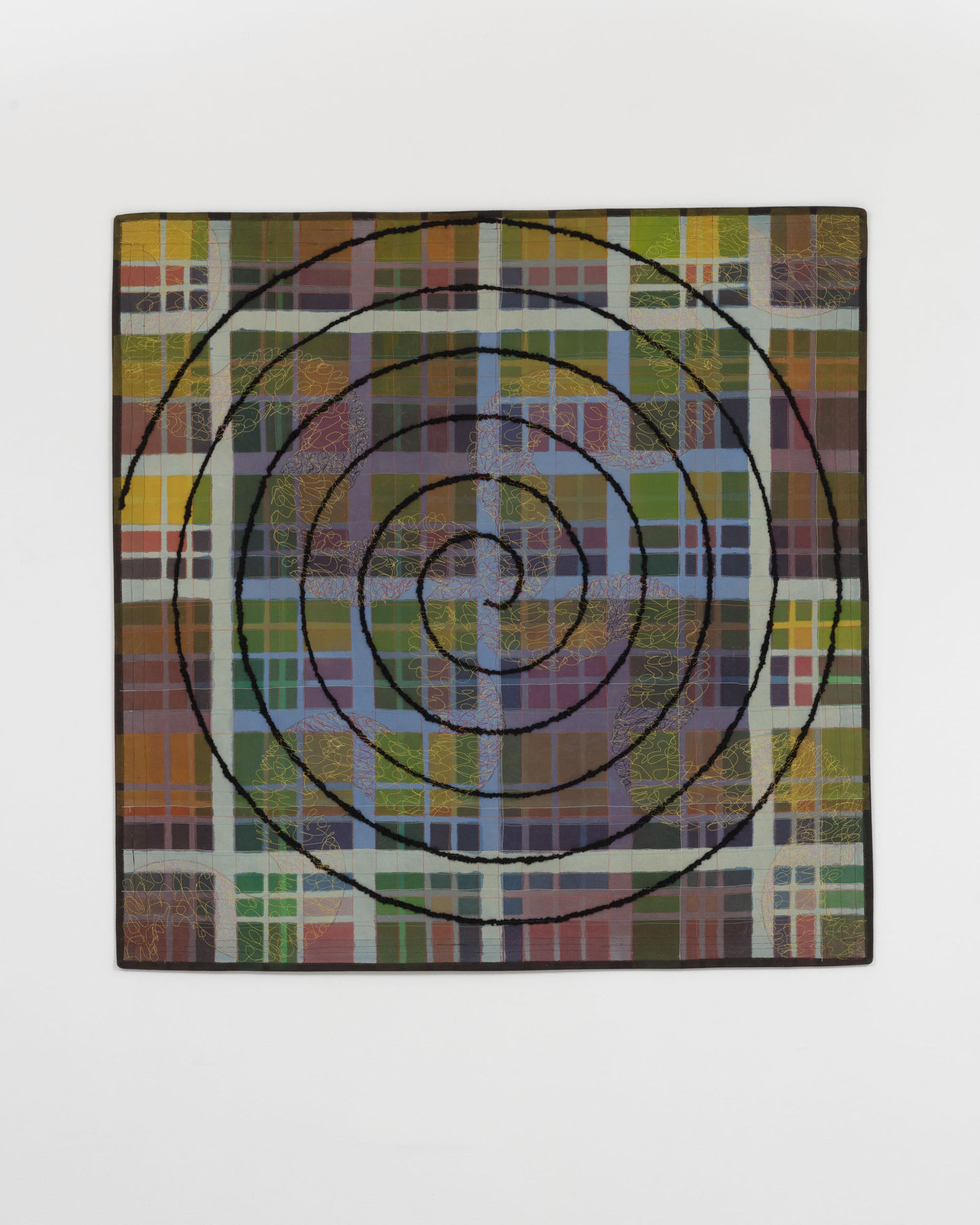 Alan Shields Tartin Worm Whorl, 1997 Acrylic, thread and yarn on canvas 46 1/2 x 46 1/2 in 118.1 x 118.1 cm