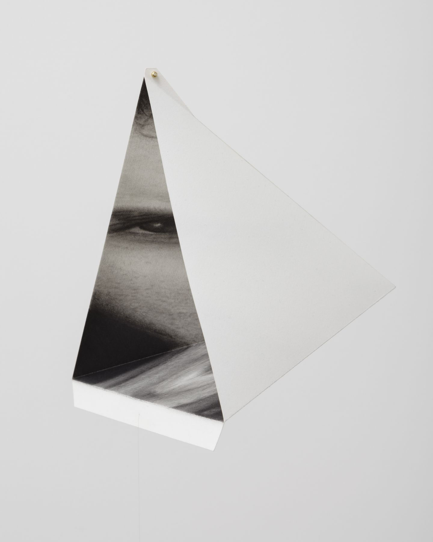 Anger/Tetrahedron 2013 - 2014 Paper, graphite, fixative, monofilament, brass beads, lead weights 7 x 7 x 7 inches (17.8 x 17.8 x 17.8 cm) HB 41