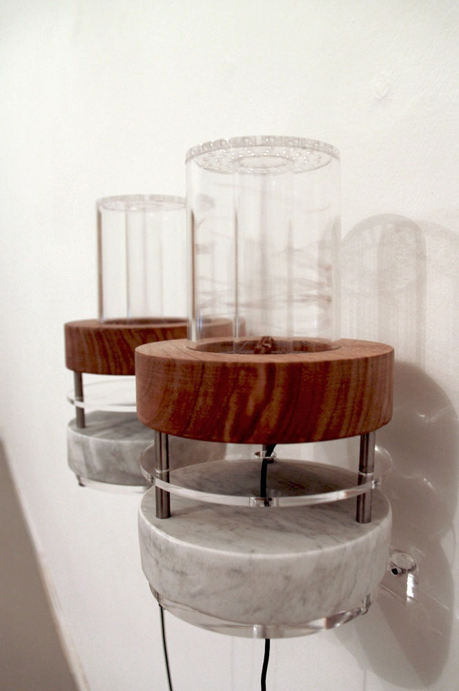 Ab Origine, Installation View, z2o Sara Zanin gallery, room 3 Tamara Repetto, Castanea, 2013. Plexiglas, wood, marble, steel, fan, cable, timer; cm 126 x 15 each