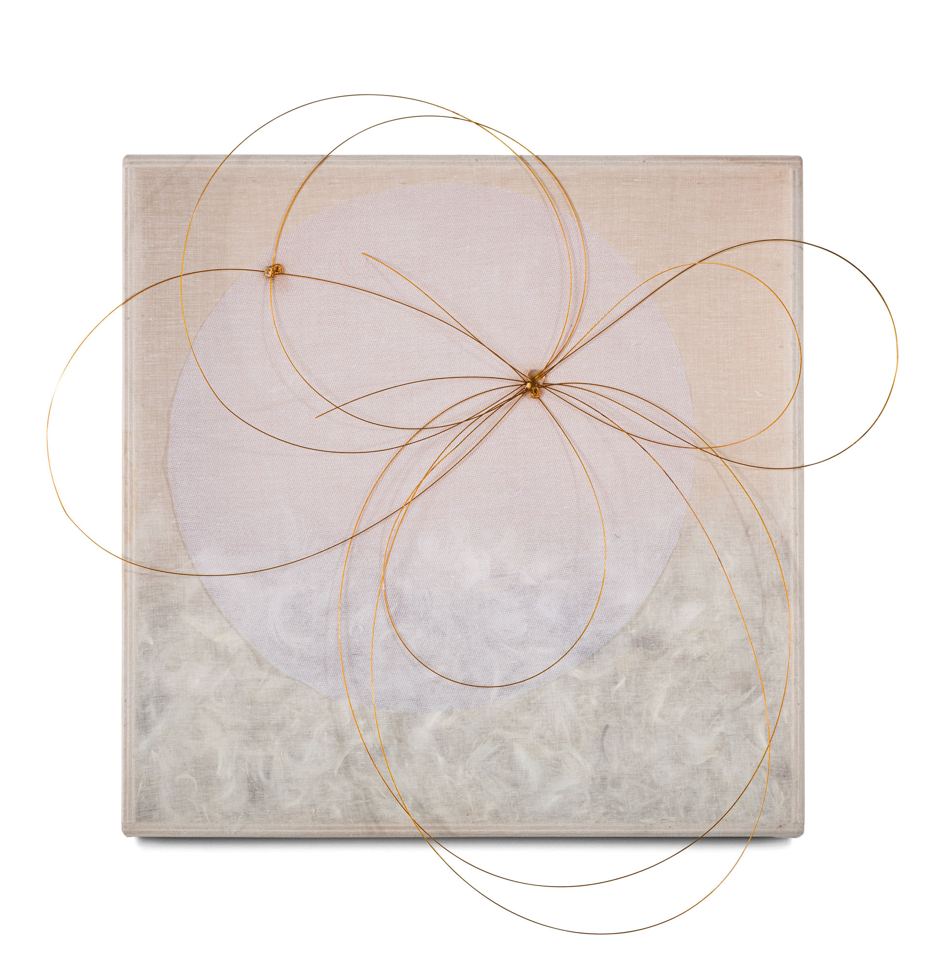 Mariella Bettineschi Piumario, 1981 organza, feathers,nylon thread, tulle, gold 30x30x4 cm ph. Giorgio Benni