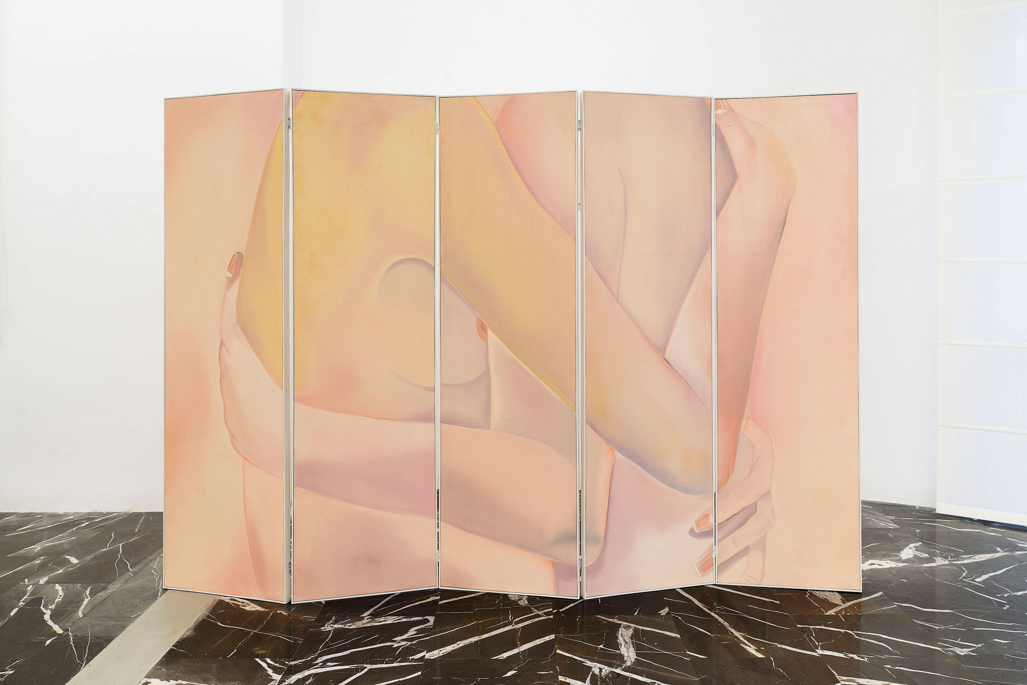 Dust Bunny, 2024, oil on canvas, cm 180 x 250 overall, cm 180 x 50 each (5 pieces). Ph. Roberto Apa