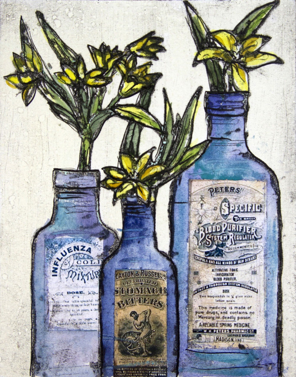 Vicky Oldfield colourful print of three blue glass bottles with yellow flowers.