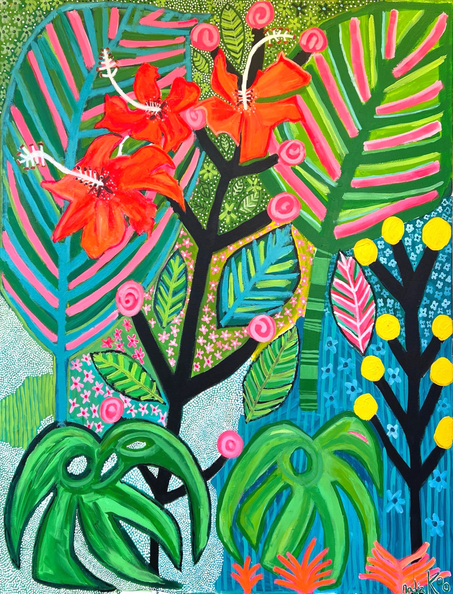 Nadia Koo painting of a variety of green foliage, with bright red, pink and yellow flowers amongst it