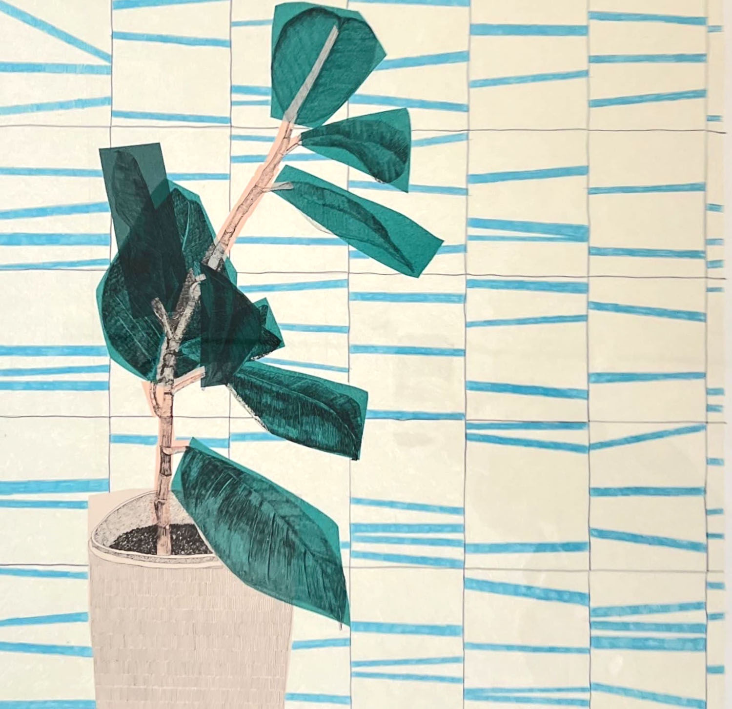 Clare Halifax mixed media piece of a rubber plant study in a collage style with pencil hand coloured striped red tiles.