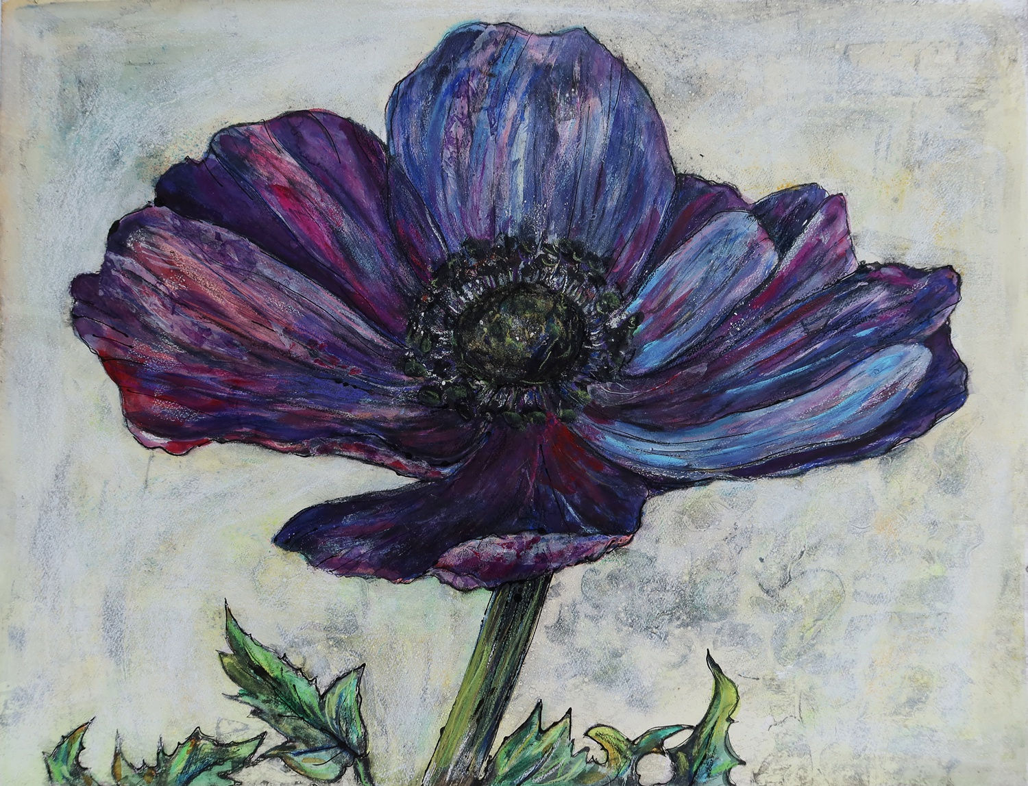 Vicky Oldfield collagraph print of a bloomed purple flower head
