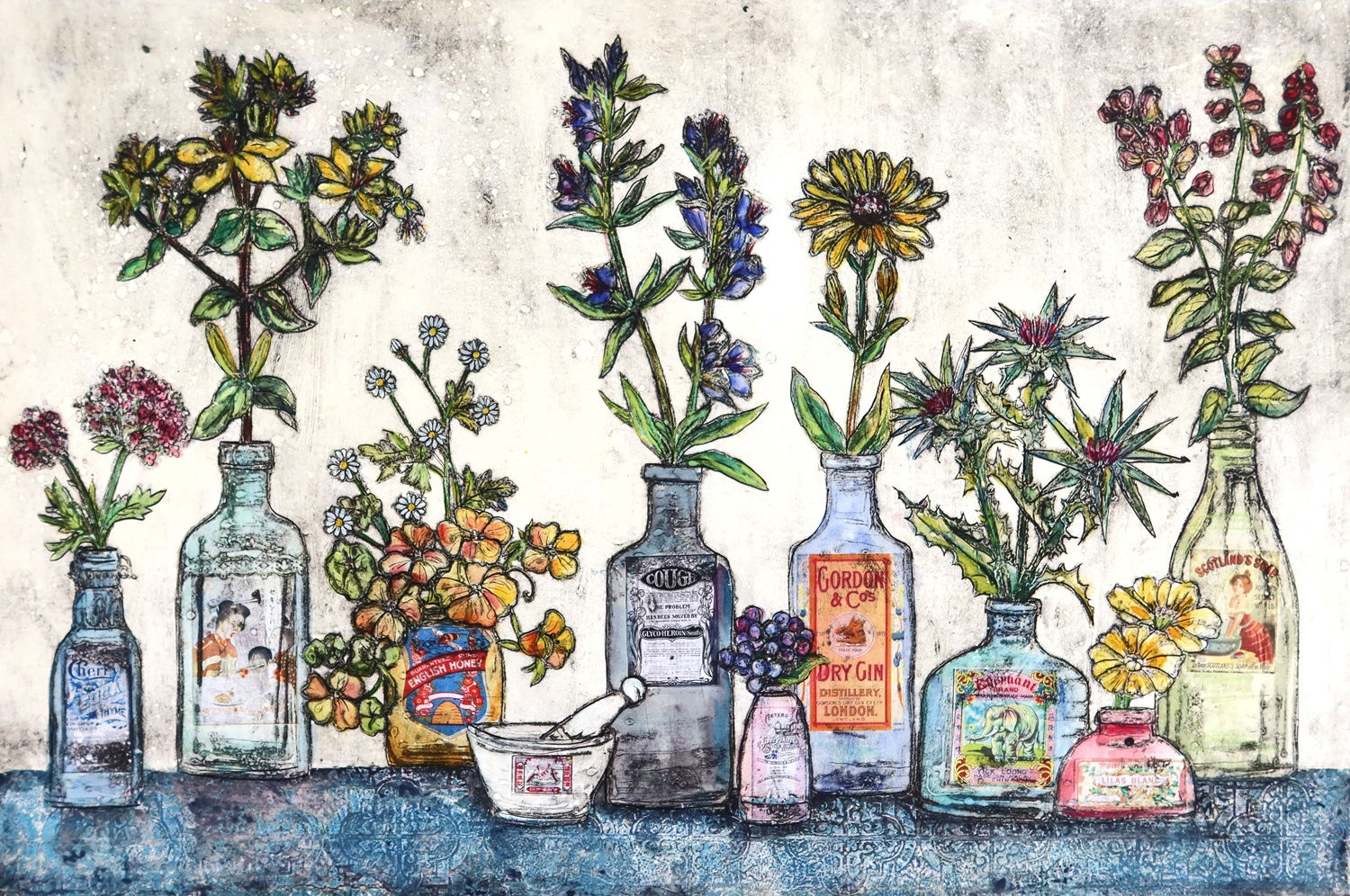 Vicky Oldfield collagraph print of an array of bouquet flowers in vintage labelled glass bottles, placed in a row