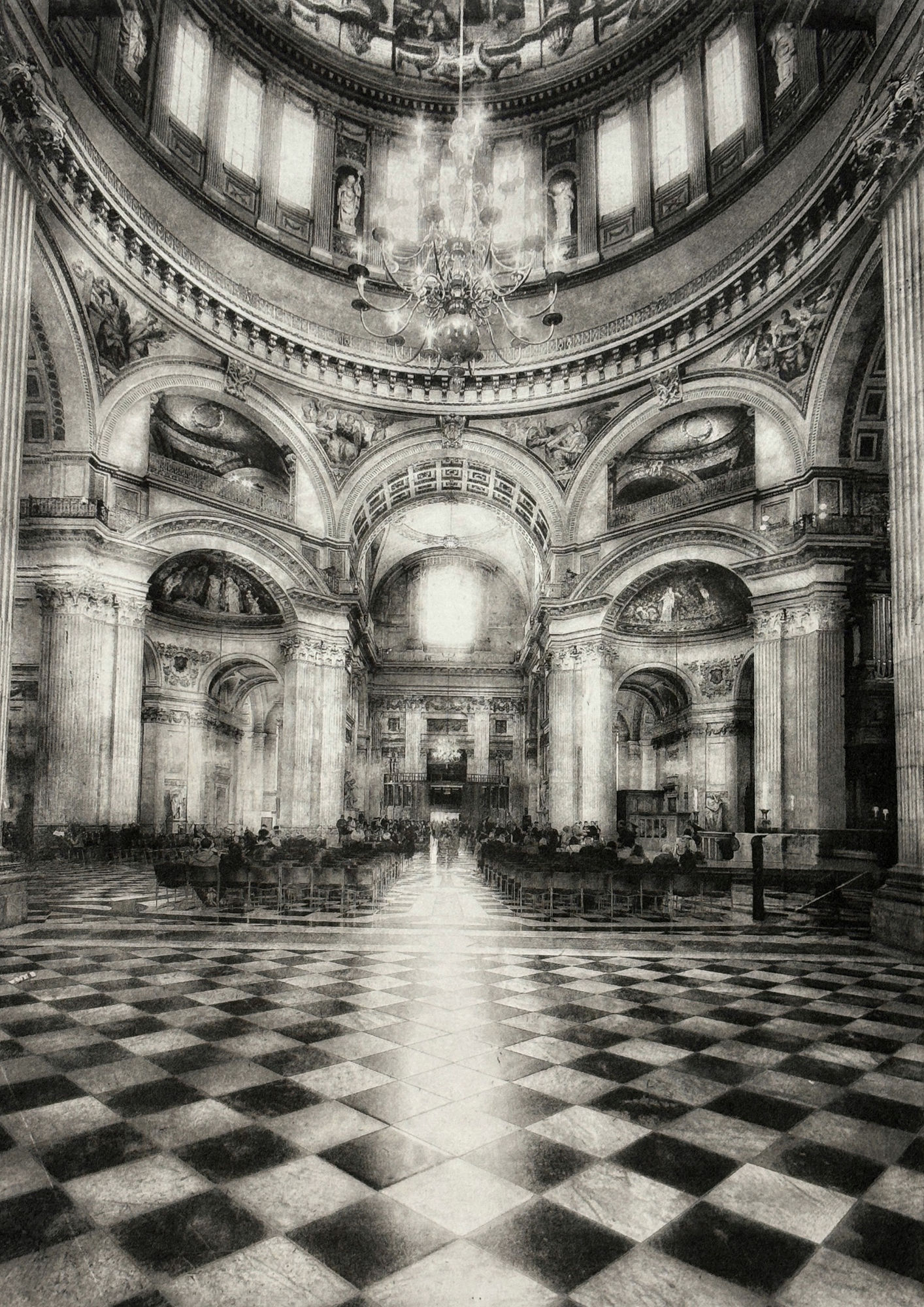 Lindsey Moran photogravure monochrome print of St Paul's cathedral, showing it's tiled floor and chandelier
