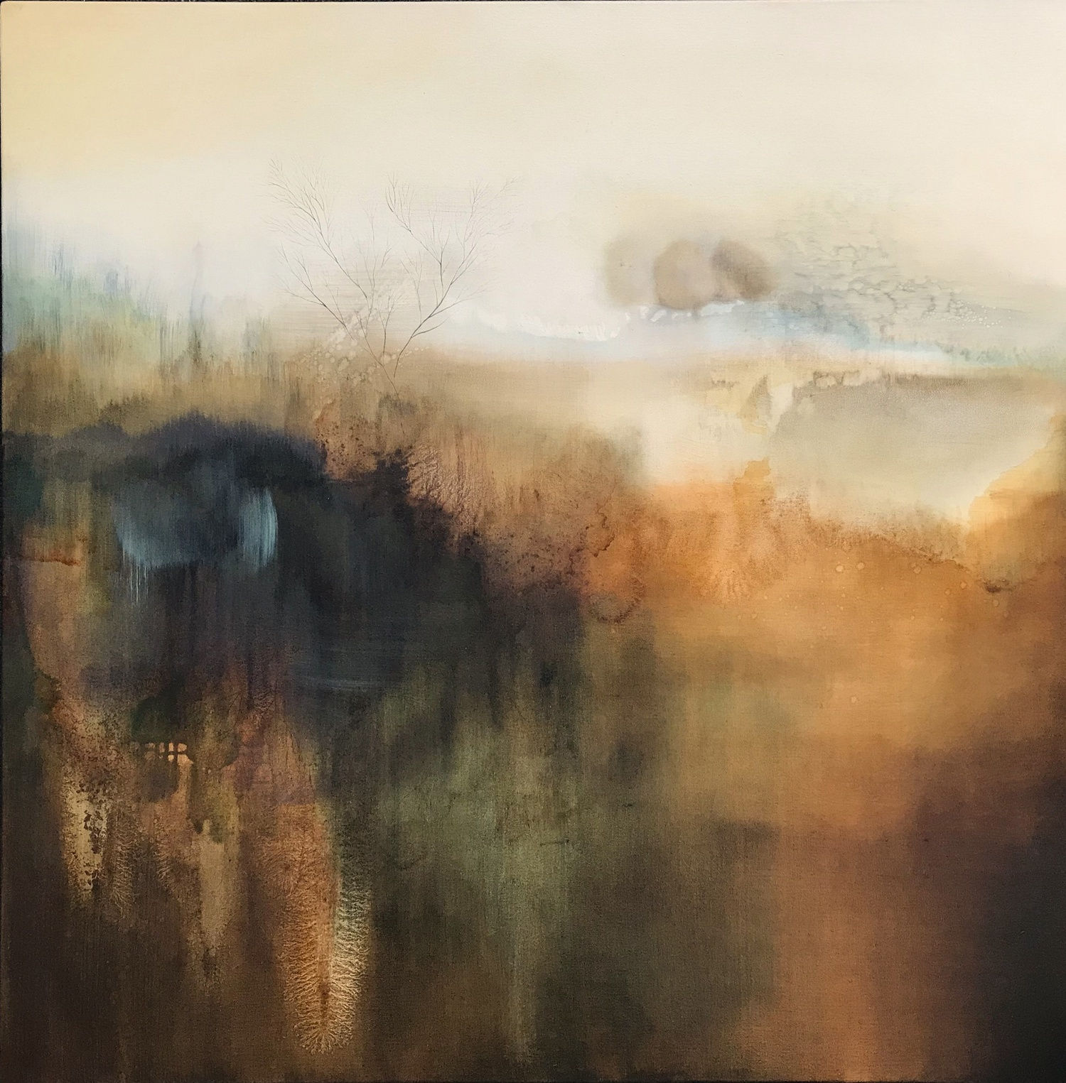 Amy Albright oil painting on canvas of an abstracted landscape painted in tones of ochre
