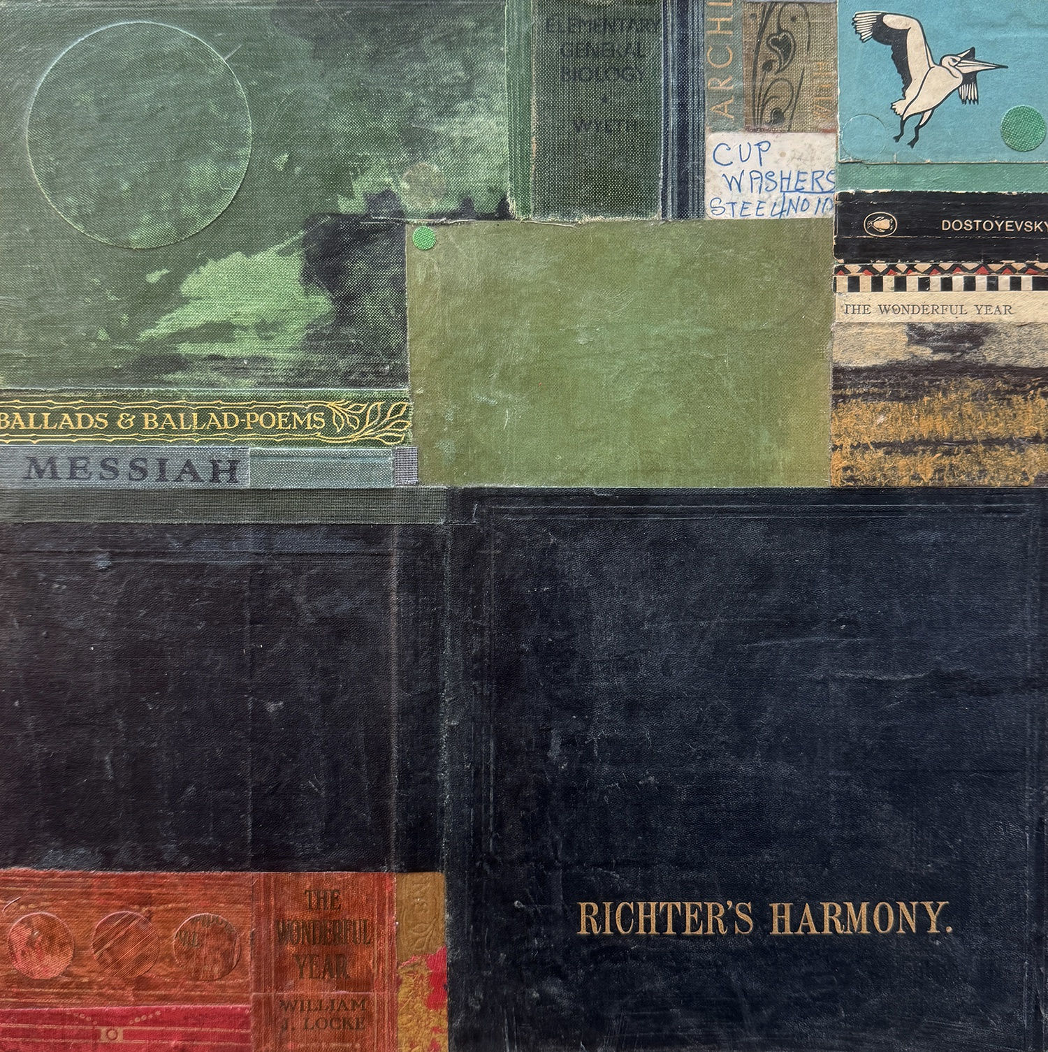 Emma Davis mixed media collage piece using vintage book covers, in colours green, red and black