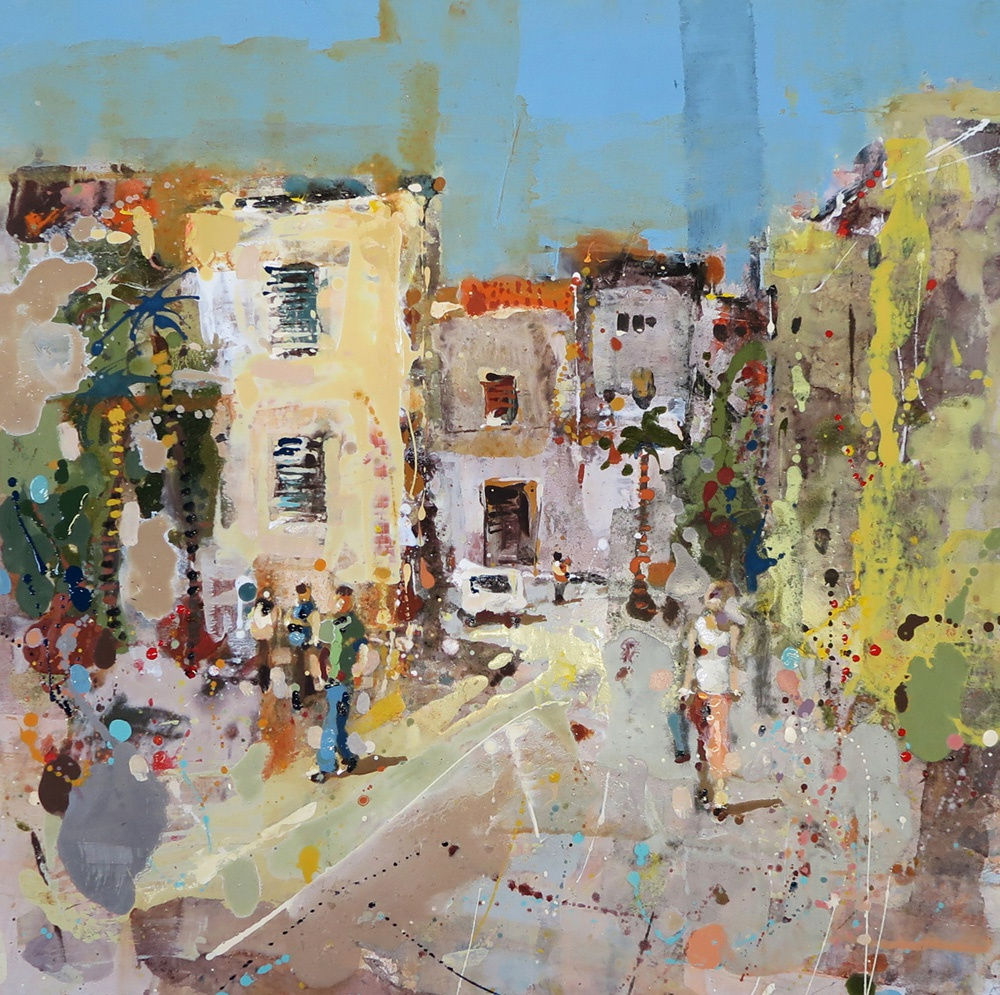 Andrew Hood oil piece, showing a northern Italian village with buildings and people walking along it's streets. Painted in pastel blues, yellows, oranges & greens.