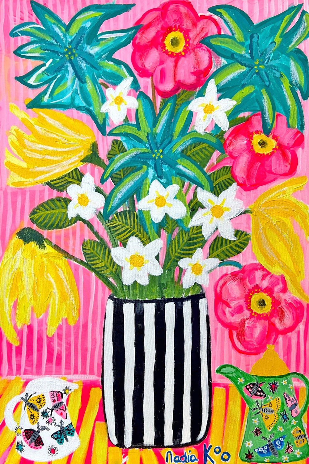 Nadia Koo still life painting of a bouquet of flowers arrange in a black and white vase, with jugs showing butterfly designs on them