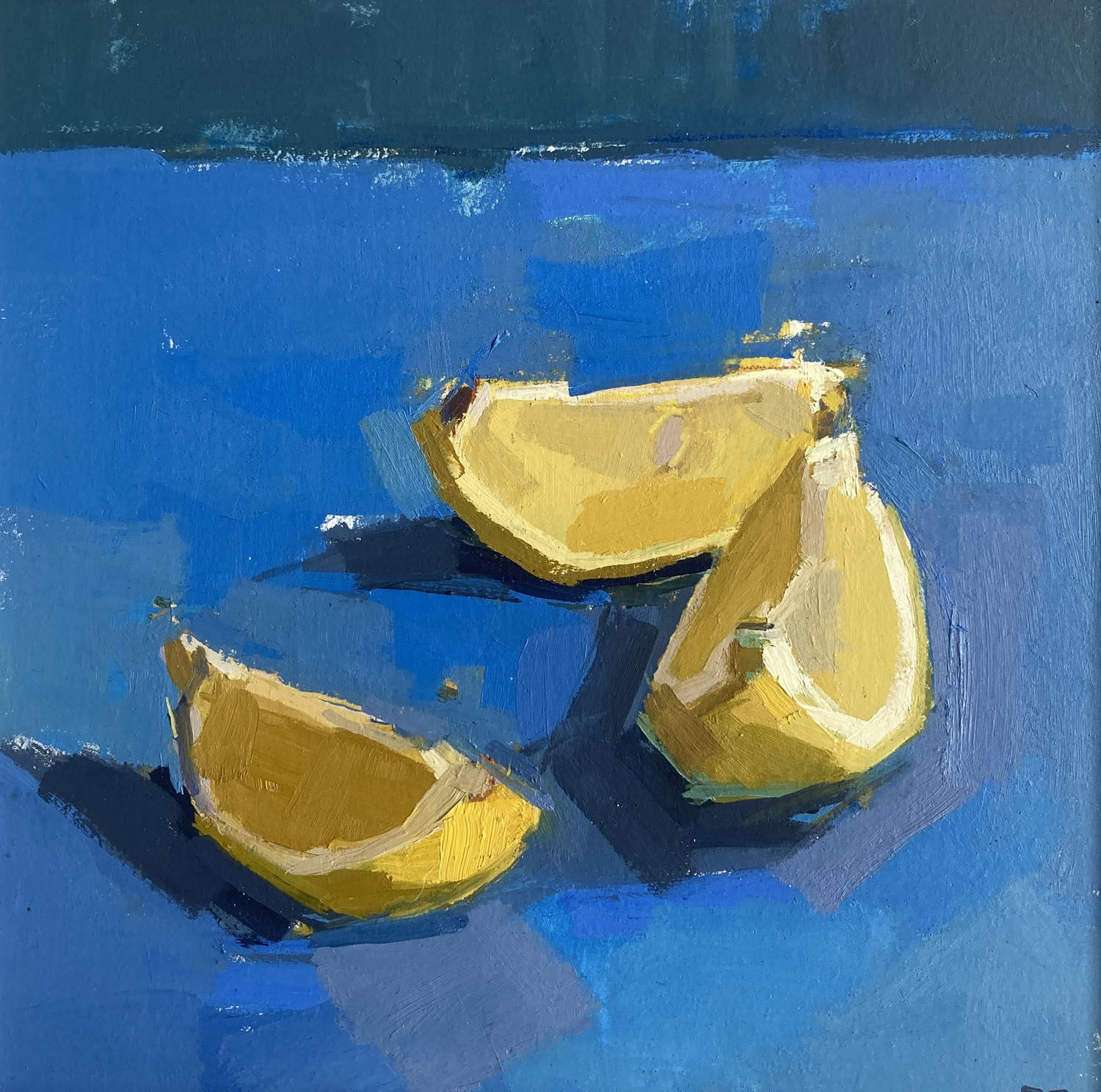 Sarah Spackman still life painting painted in figurative brush strokes of 3 slices of lemon, places nonchalantly with the peel side down. The surface is painted in tones of cornflower blues, contrasting with the yellow of the lemons.