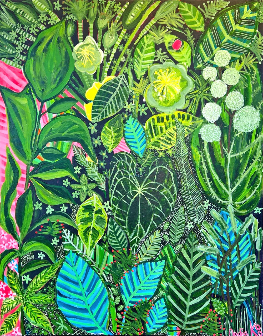 Nadia Koo painting of an array of green foliage with flowers amongst it