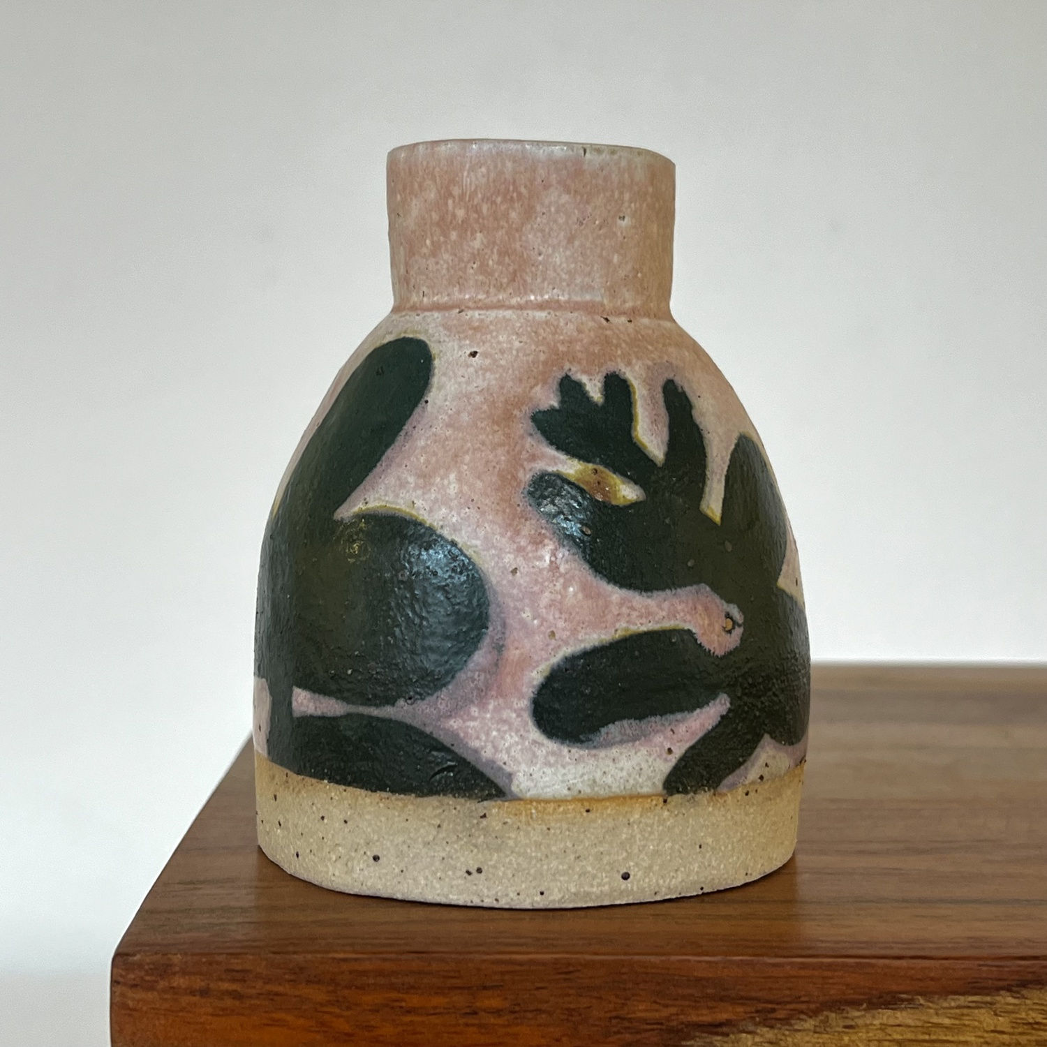 Sophie Alda ceramic vase bud shaped with a hand painted pink and green eucalyptus design
