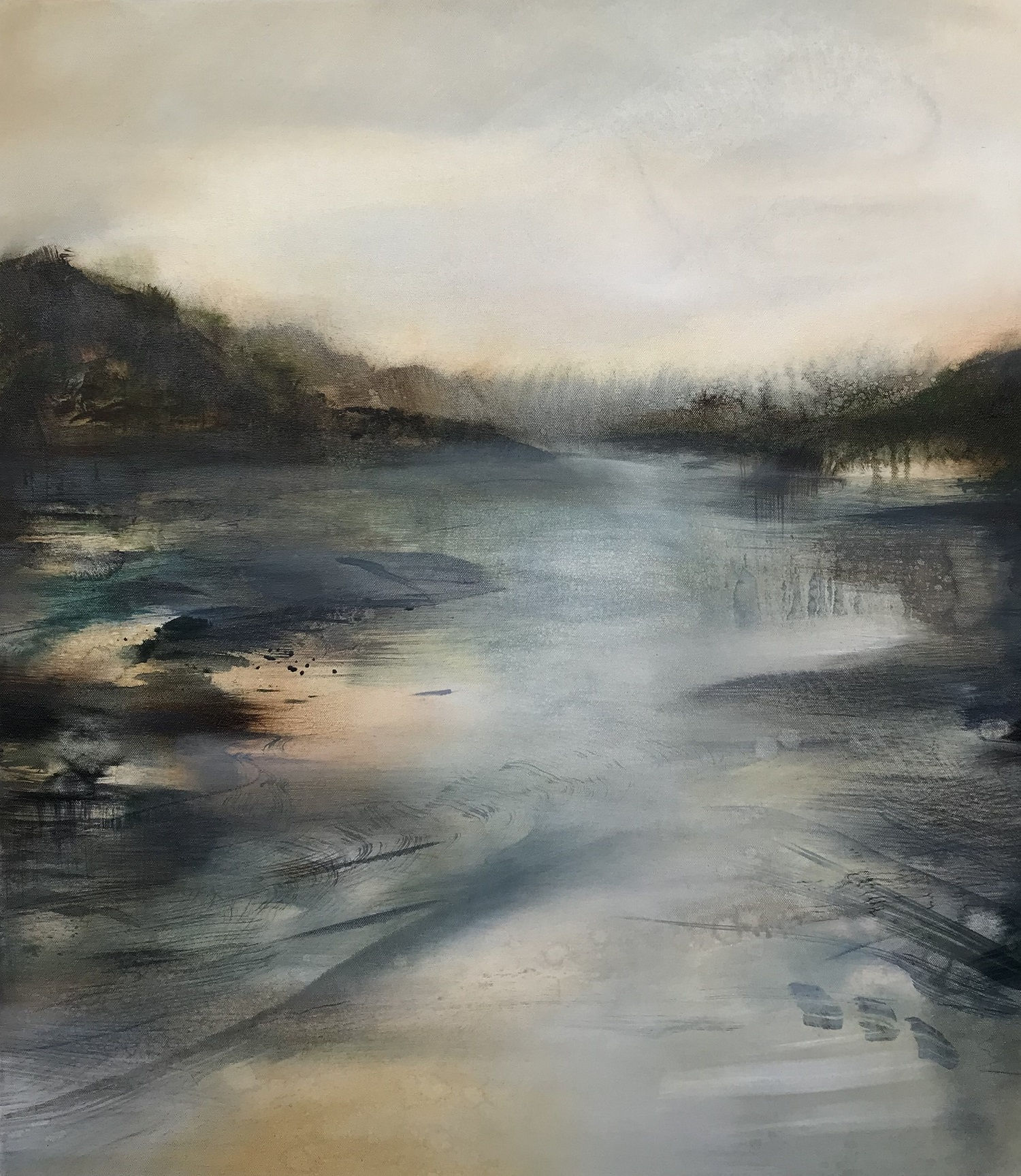 Amy Albright abstracted landscape of a river flowing between two banks, in tones of blues, greens and oranges