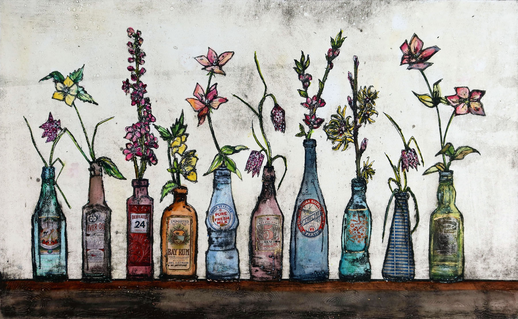 Vicky Oldfield collagraph print of an array of colourful flowers, in empty branded glass bottles on a wooden surface