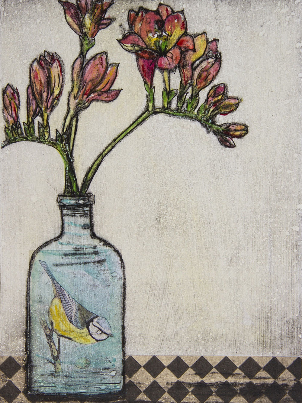 Vicky Oldfield small print of two stems of freesias placed in a blue bottle adorned with a label with a blue tit.