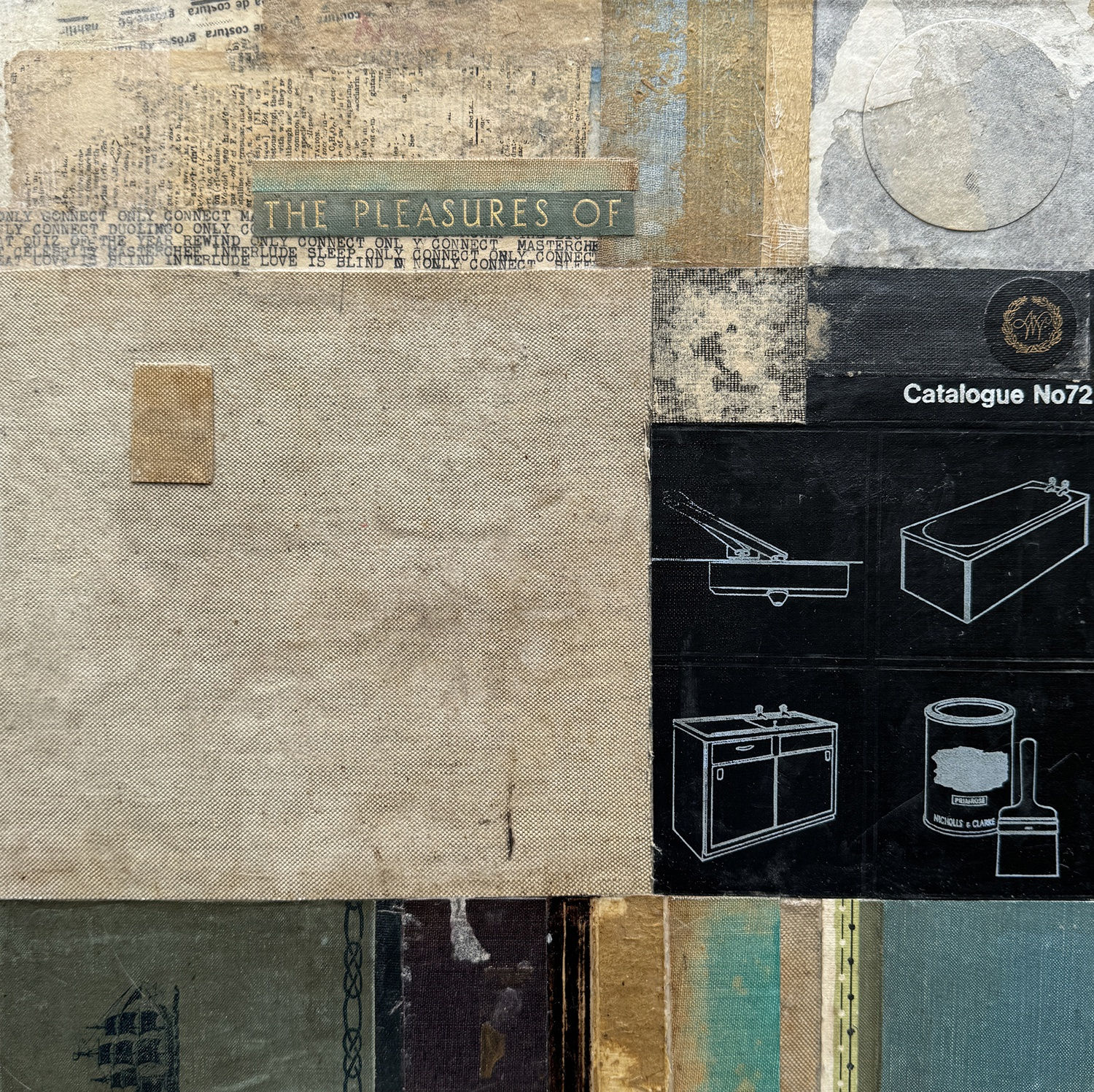 Emma Davis mixed media collage piece using vintage book covers, in colours blue, green and black