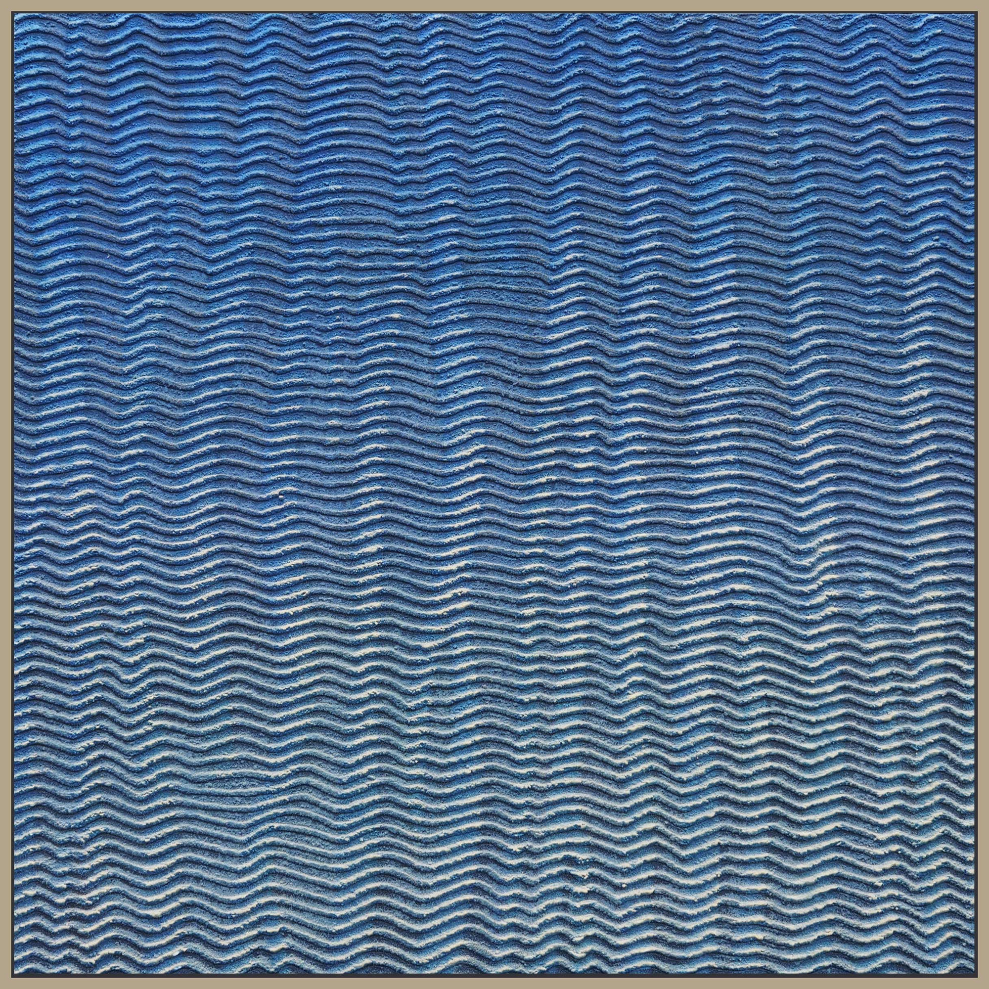 Martha Winter abstract painting in blues and sand of rhythmic lines and ripples