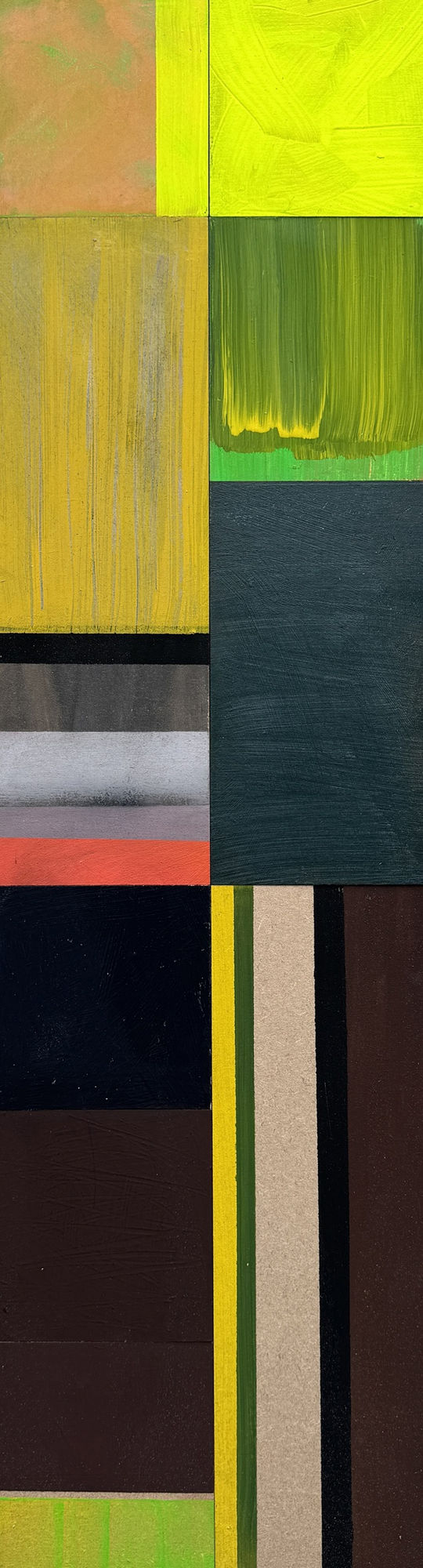 Emma Davis abstract painting of rectangular shapes, in colours yellow, green, red and black
