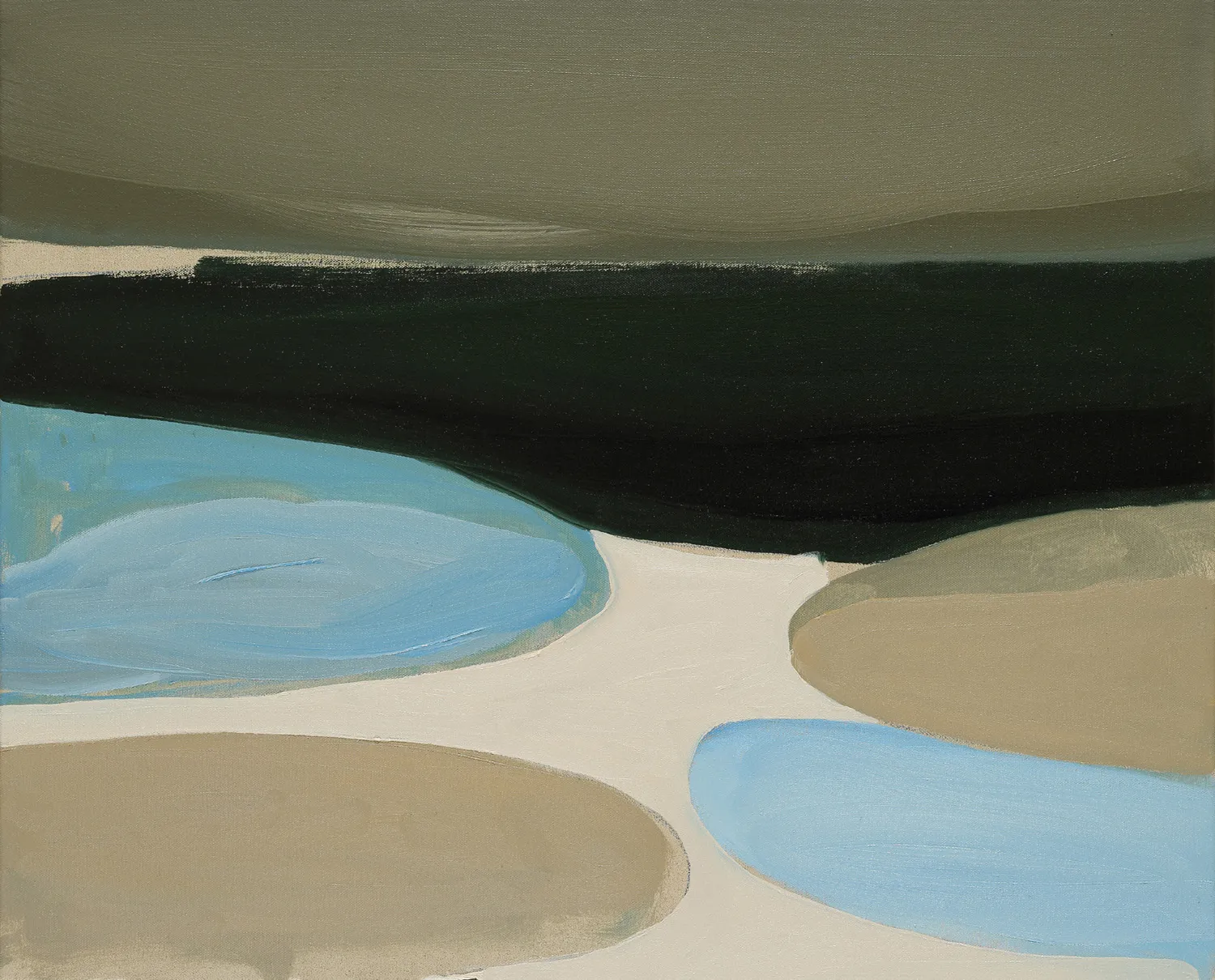 Henrietta Dubrey abstract painting, composed with a variety of pool-like formations in greys and blues