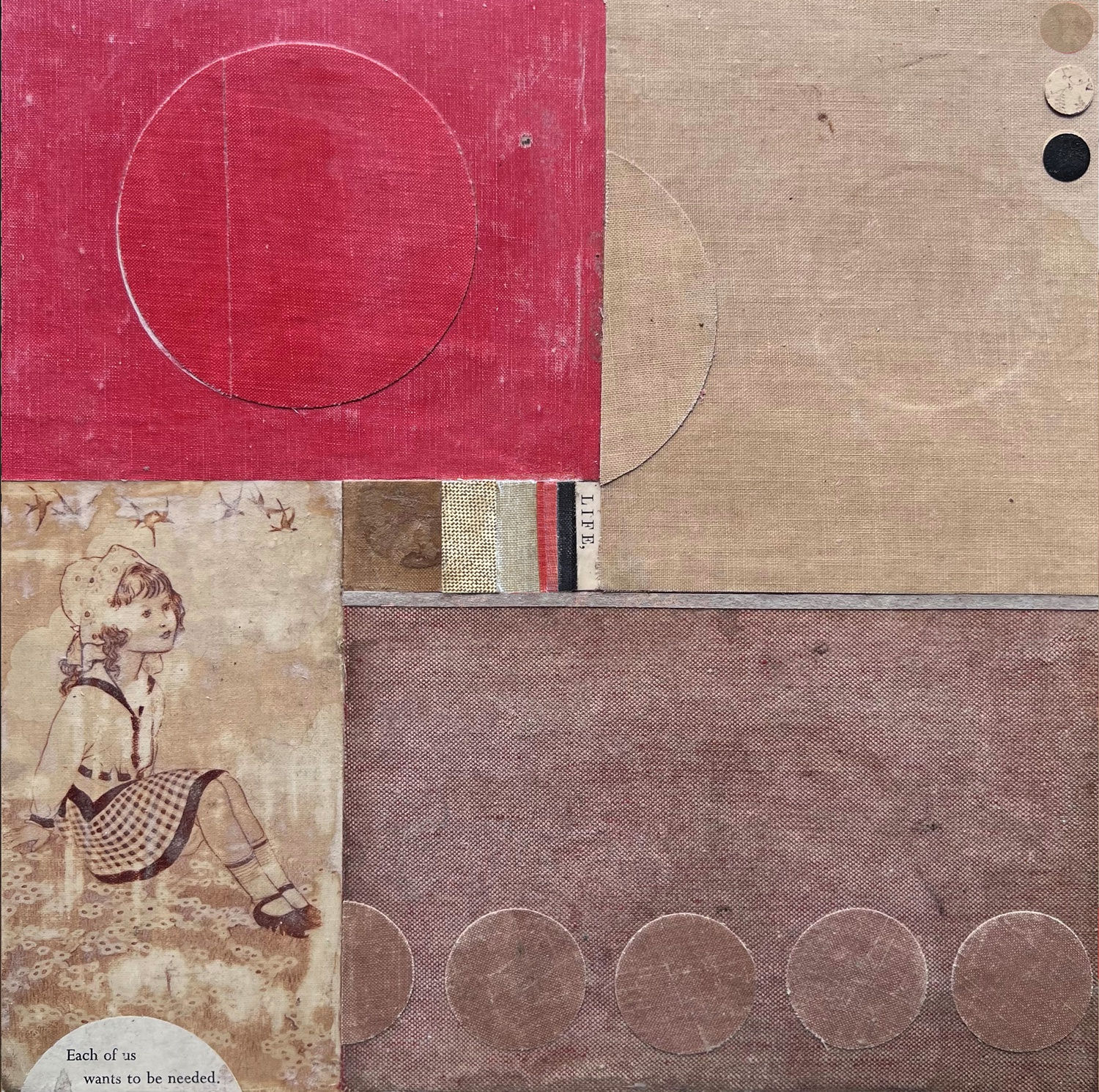 Emma Davis collage piece using vintage book covers, in reds, beige and lilac