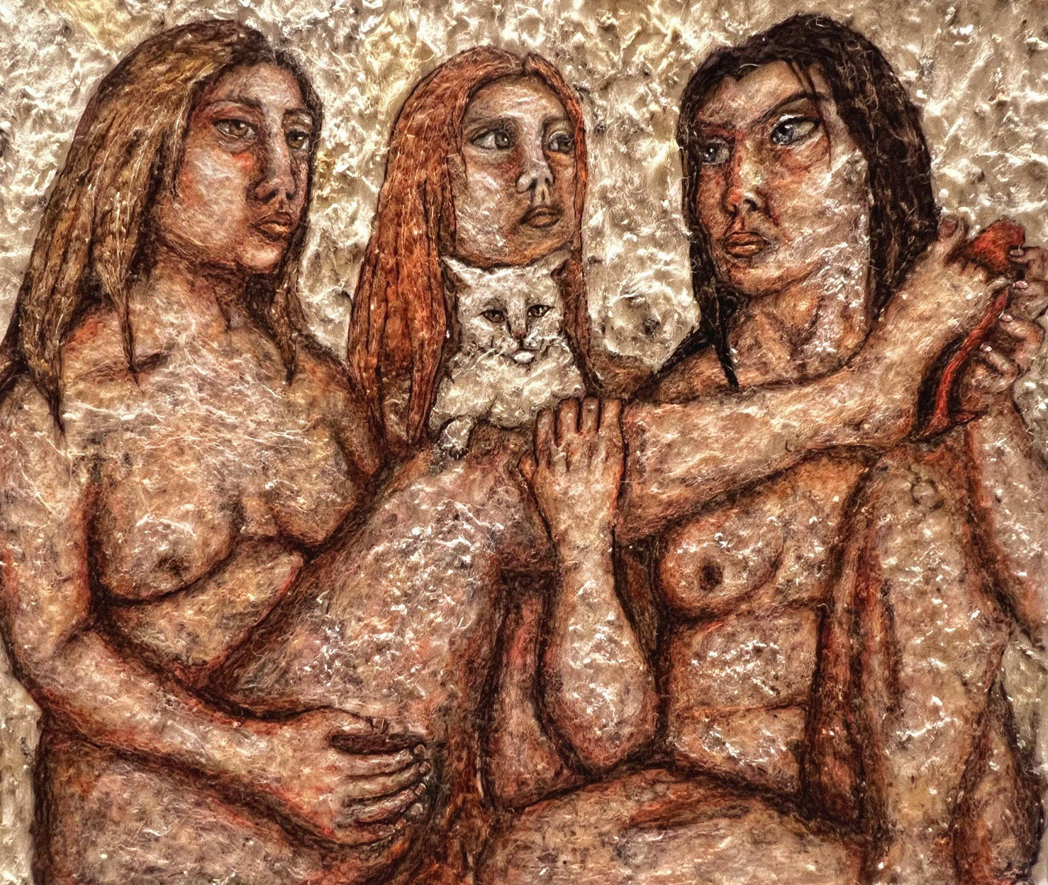 Erin Rosalie Thomas felt needled wool on canvas piece showing three figures sat close to one another, the right hand one placing a show that's two small on the left hand figures foot, a white cat sits on the lap of the central figure