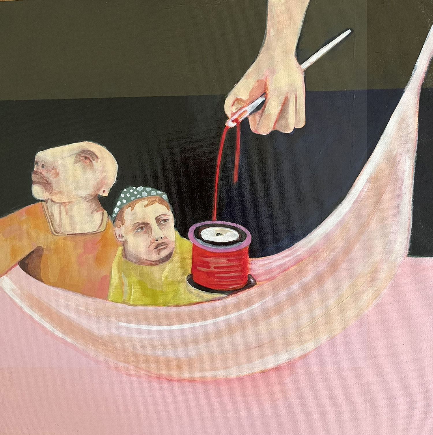Charlie O'Sullivan painting of two figures next to a large thread and needle