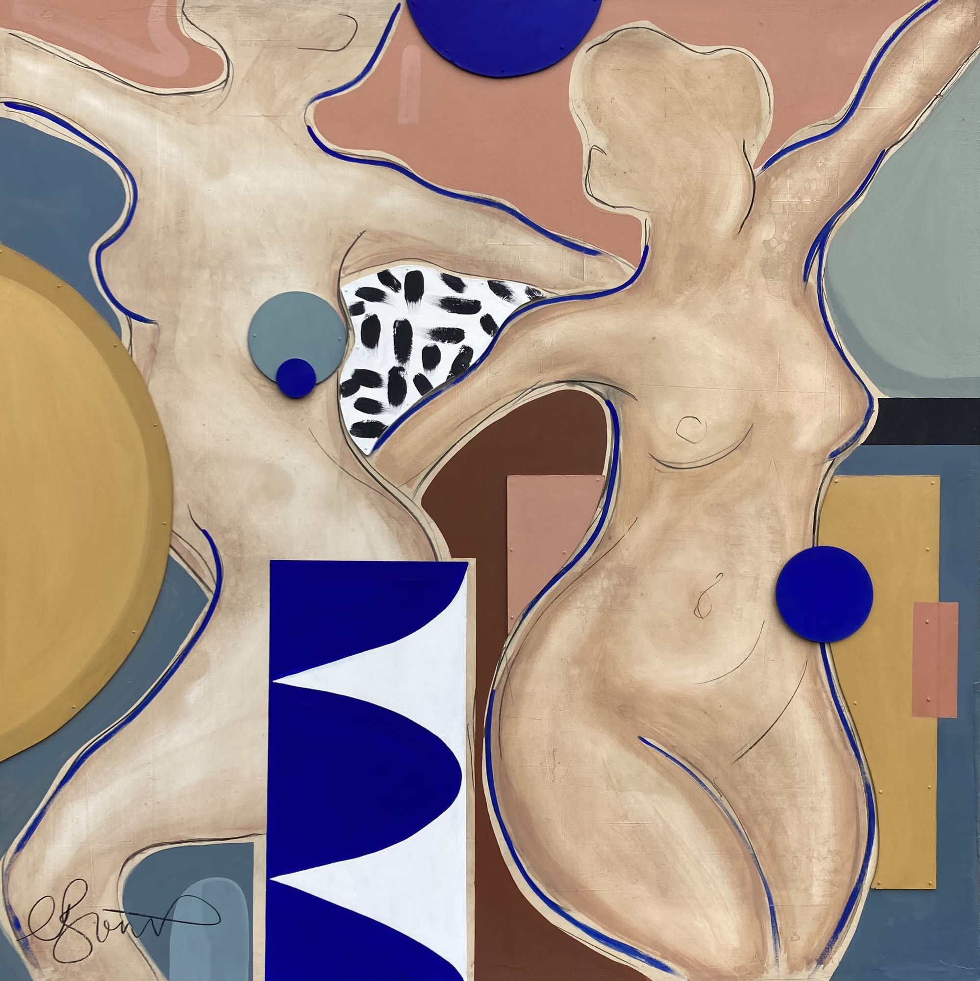 Clare Bonnet painting of two nude dancing figures in blues, pink and ochre