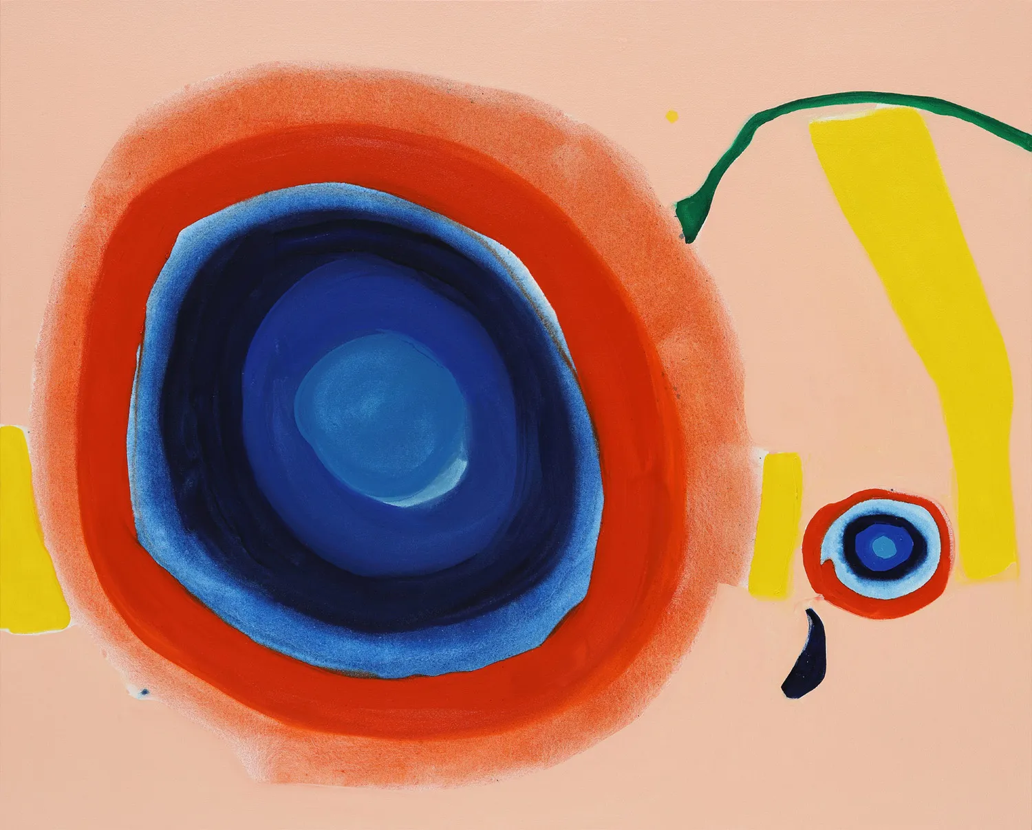 Henrietta Dubrey abstract painting, composed with a variety of mark making across the canvas with shapes and forms in yellows, blacks, pinks, reds and blues