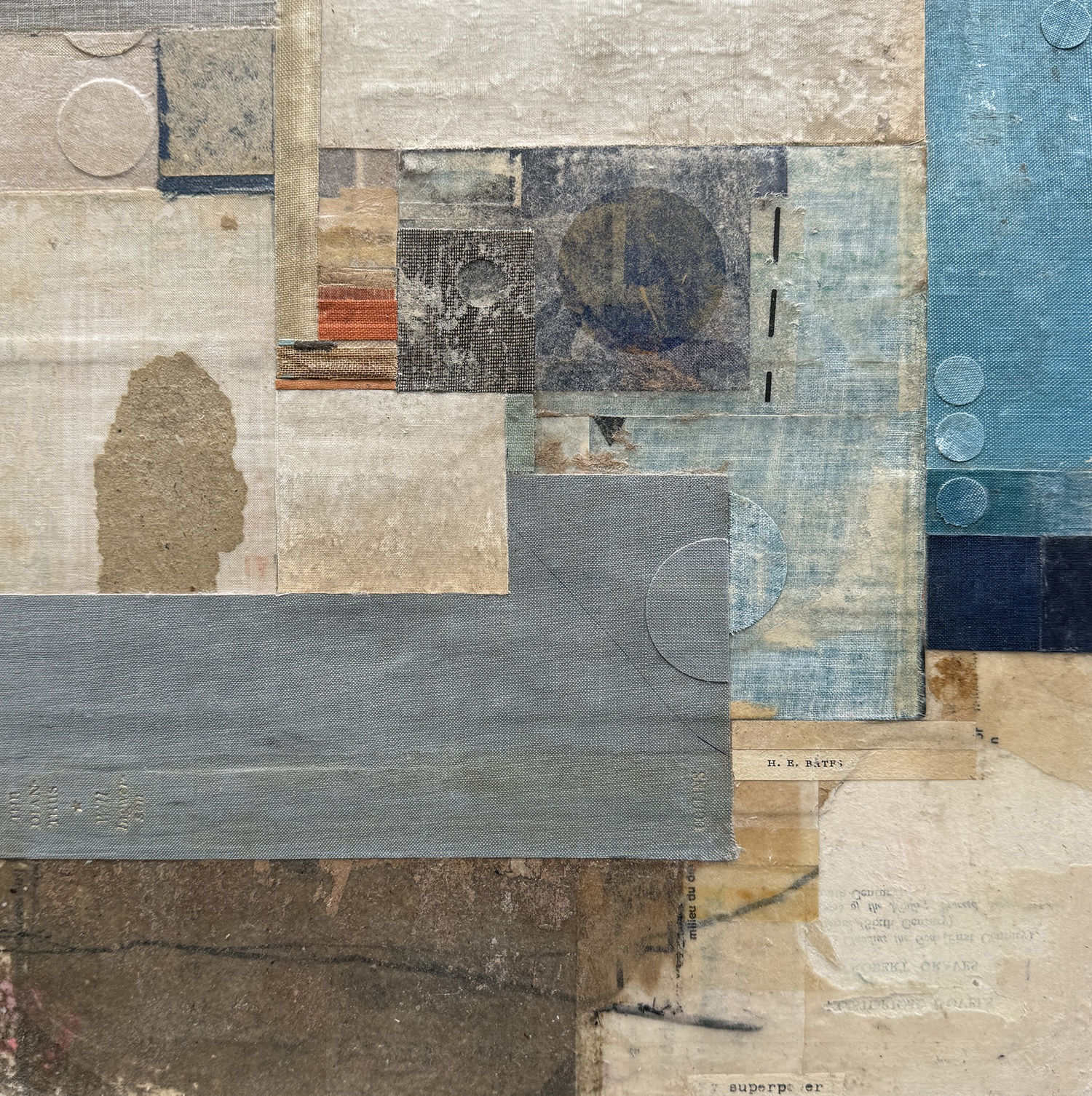 Emma Davis mixed media collage piece using vintage book covers, in colours blue and grey
