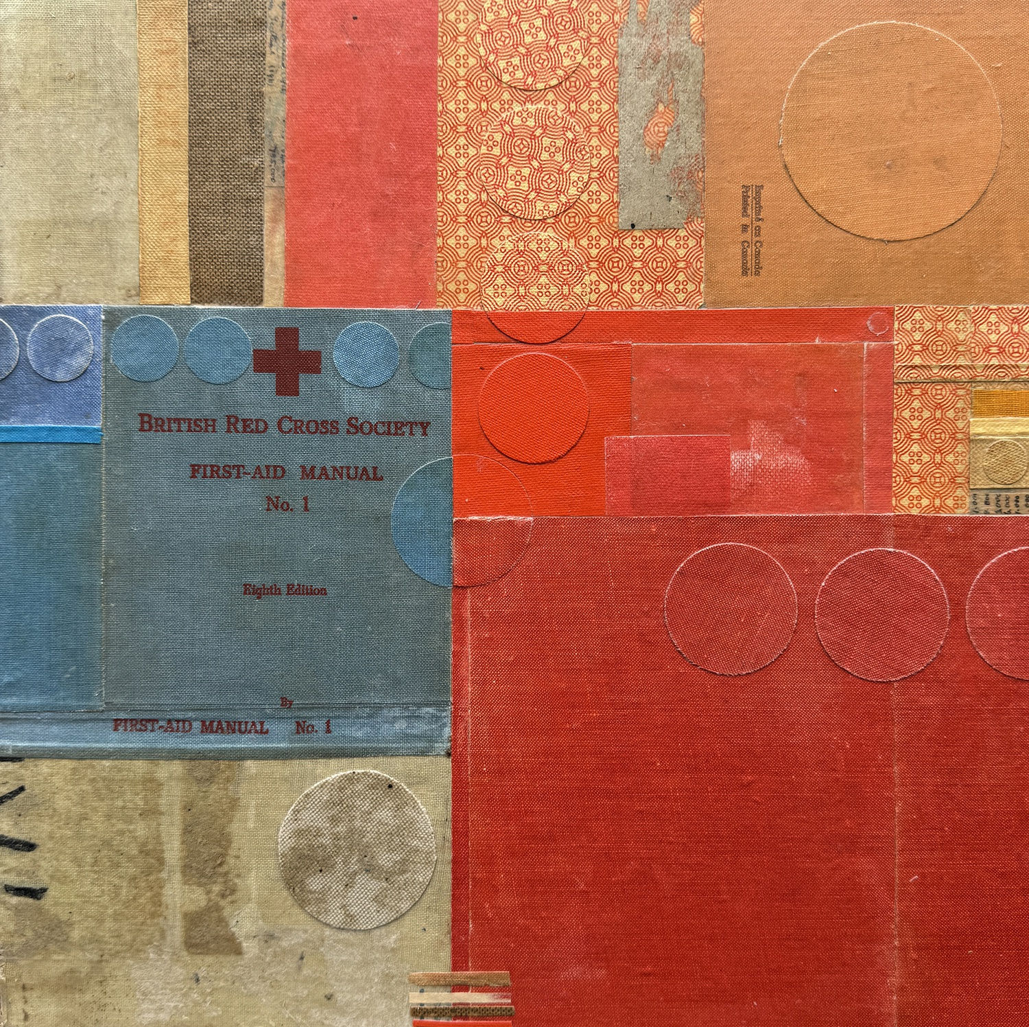 Emma Davis mixed media collage piece using vintage book covers, in colours red, blue and orange