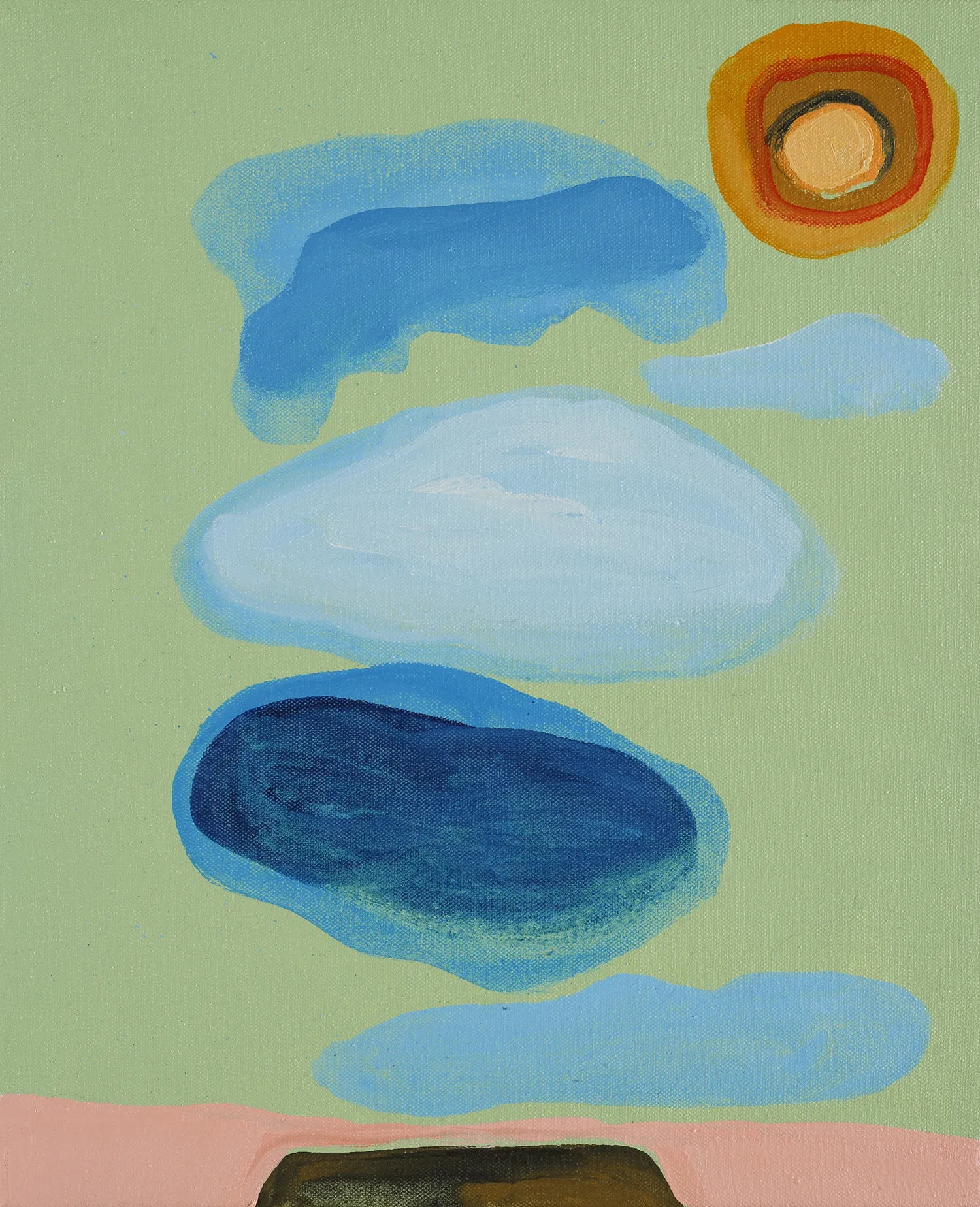 Henrietta Dubrey abstract painting composed of stacked clouds against a green background, in colours blue, orange, yellow and pink