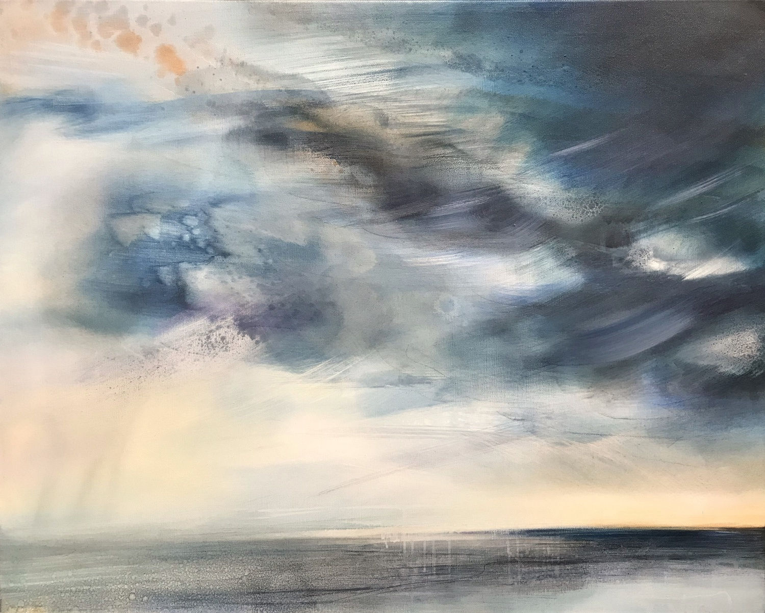 Amy Albright oil on canvas abstracted seascape with a clouded sky, in tones of blue, yellow and grey