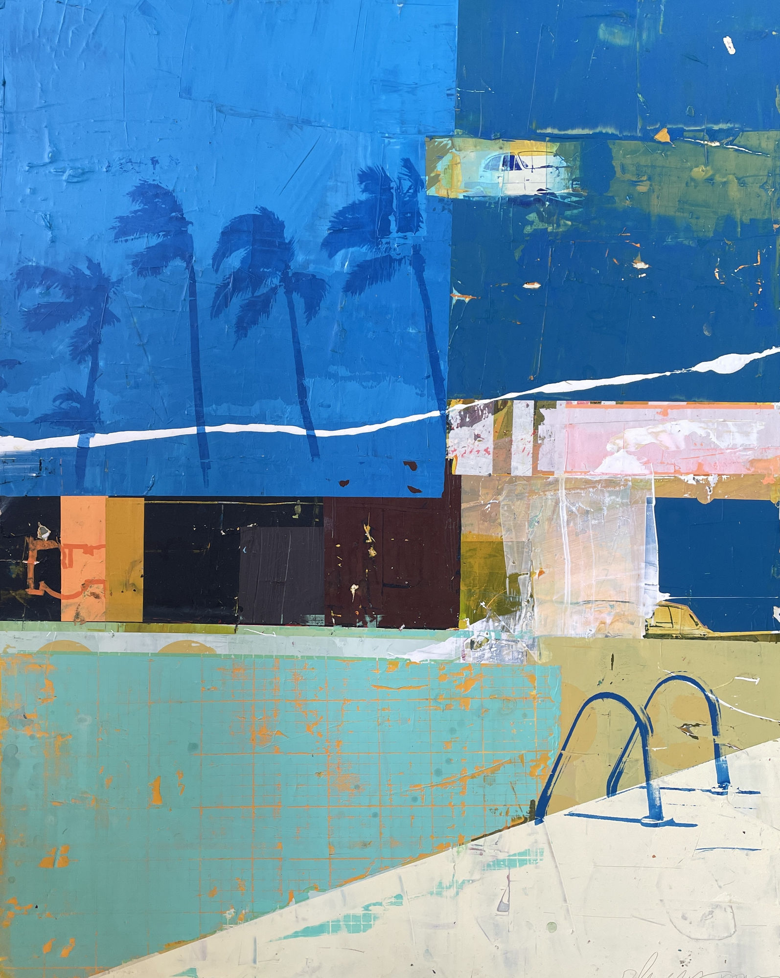 Dan Parry-Jones painting of the edge of an empty pool in pastel colours and blue sky with palm trees