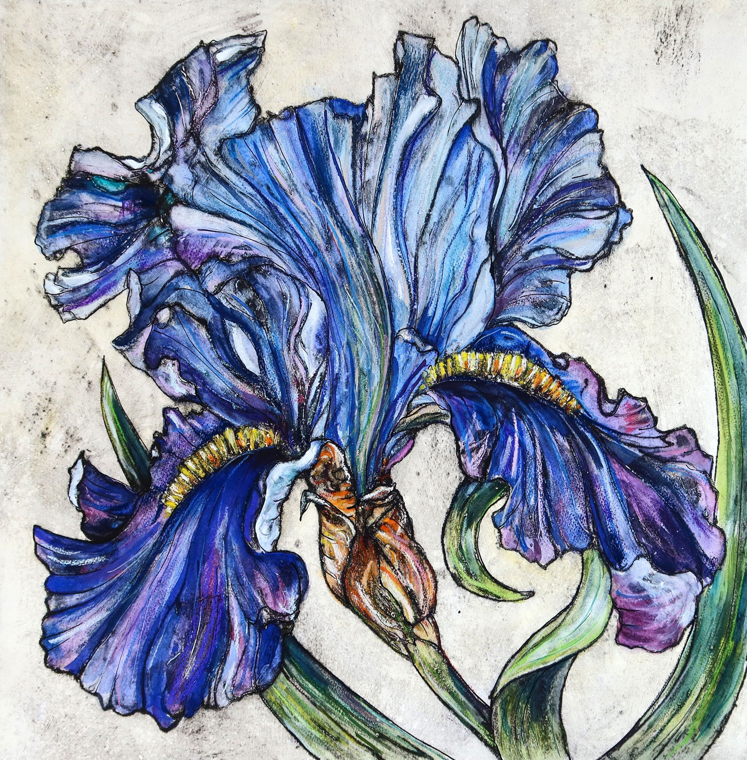 Vicky Oldfield collagraph print of a close up blue flowers head