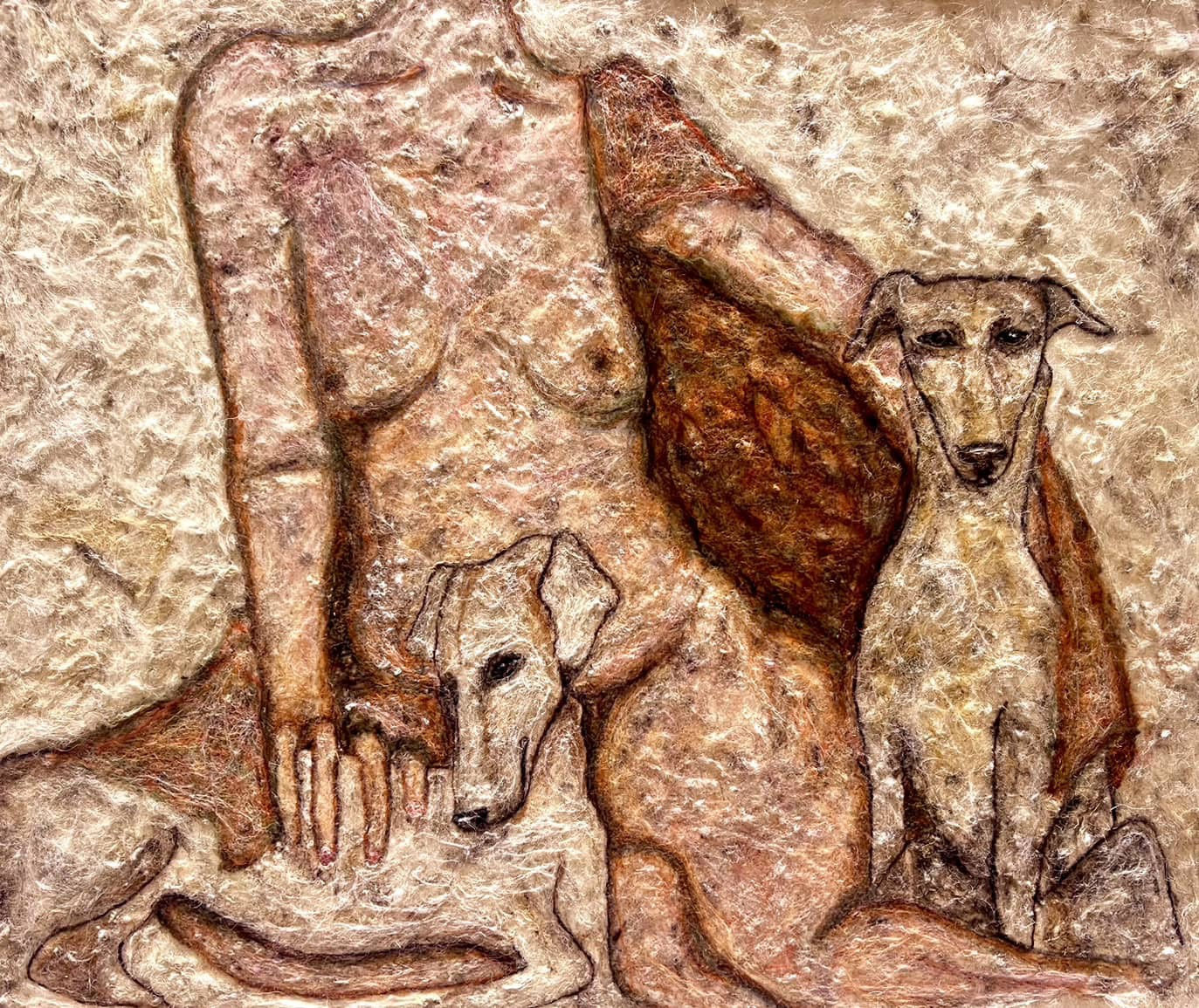 Erin Rosalie Thomas felt needled wool on canvas piece of a figure with two sighthound dogs under her arms, covering them with a red blanket