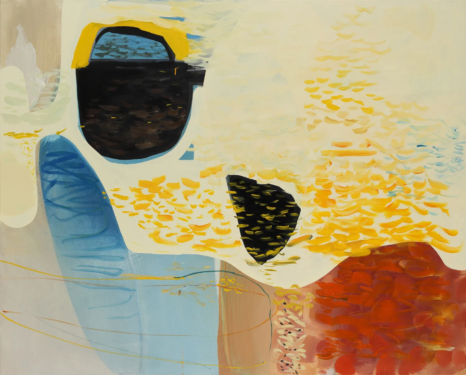 Henrietta Dubrey abstract painting, composed with a variety of mark making across the canvas with shapes and forms in yellows, blacks, reds and blues