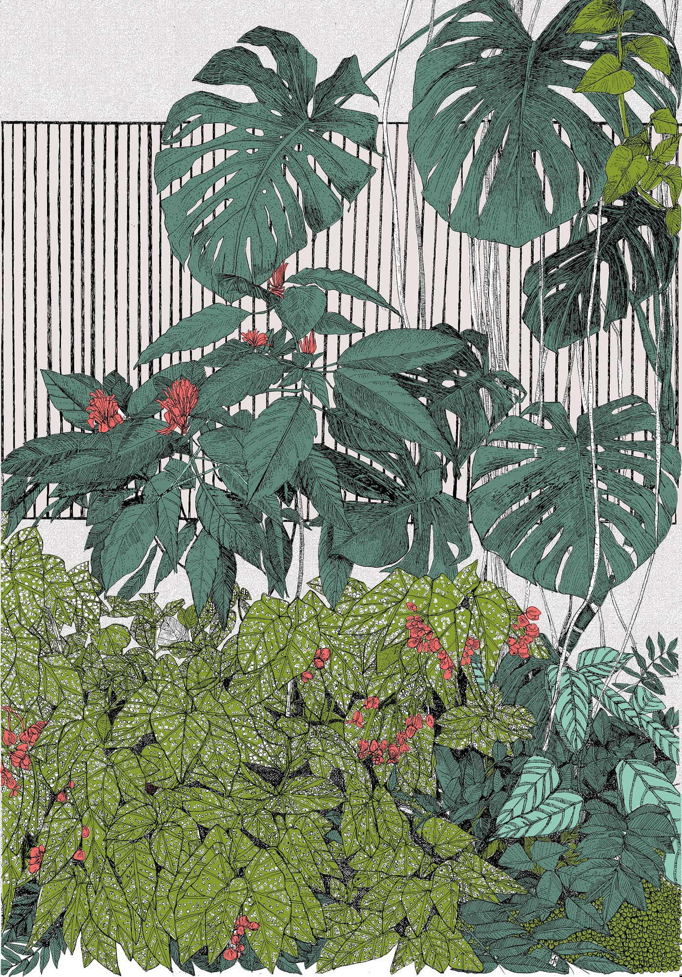 Clare Halifax screenprint of an array of greenery on a striped background
