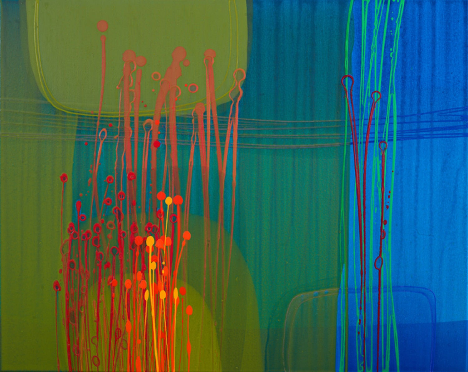 Charlotte Cornish abstract painting with layers of Blue, yellow, orange, green and red paint, each layer poured in a different way giving it a unique form.