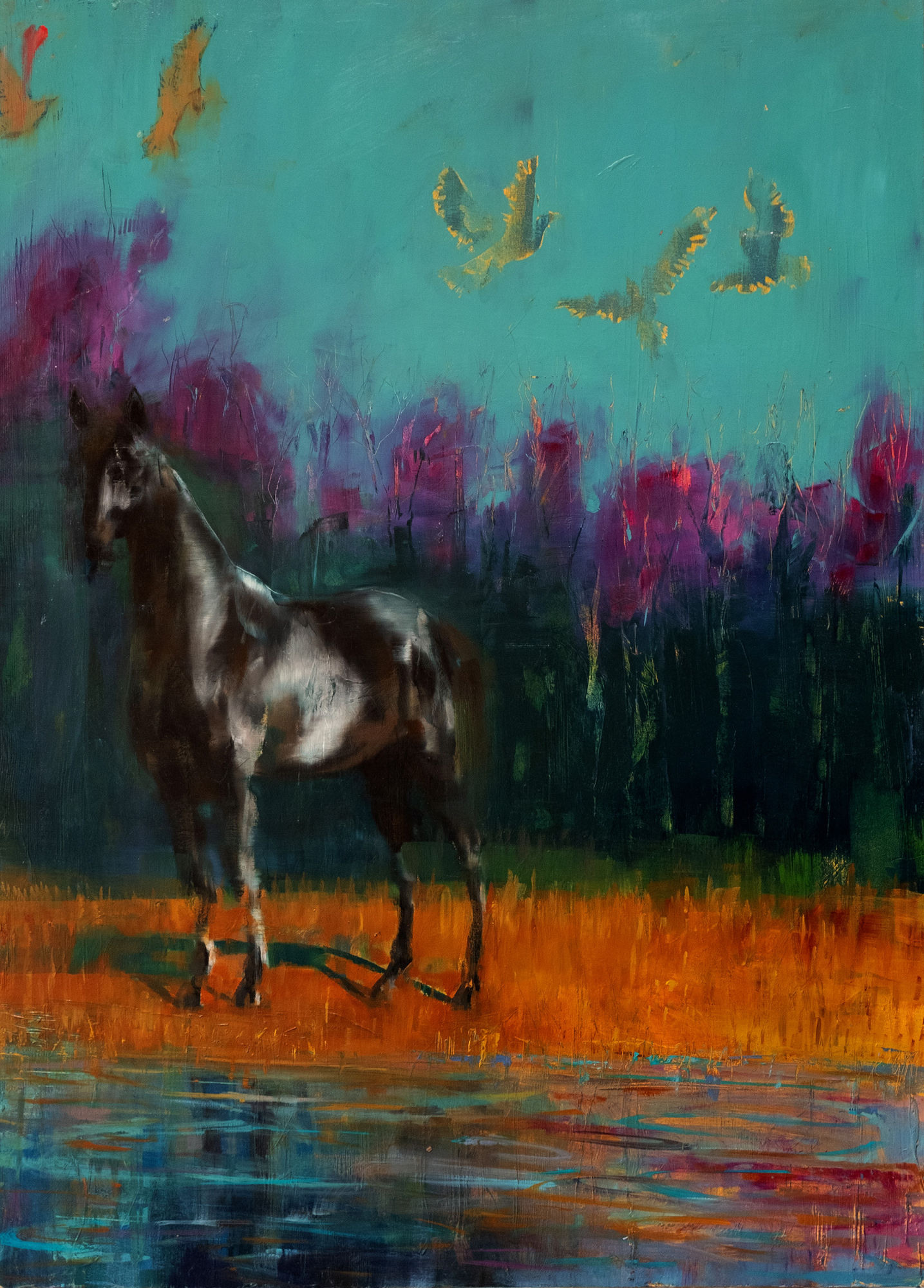 Richard Twose painting of a large black horse against a blue, orange and purple background with birds flying above