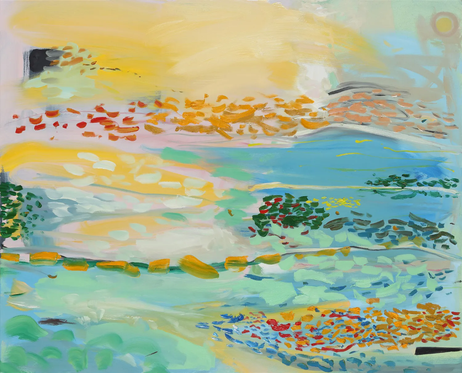 Henrietta Dubrey abstract painting, composed with a variety of mark making across the canvas taking shape in to pond like forms, in blues, pinks, oranges, yellows, reds, and greens