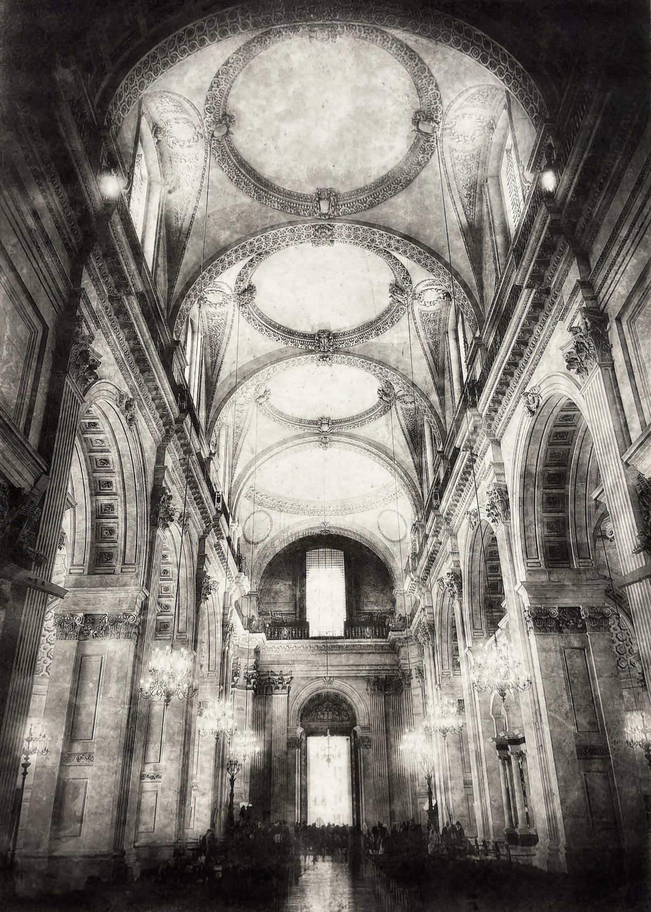 Lindsey Moran photogravure monochrome print of st Paul's cathedral interior showing it's windows and sky lights