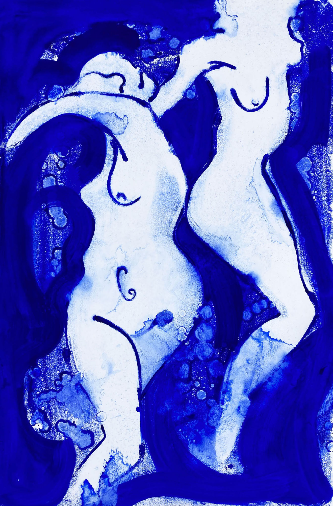Clare Bonnet, two nude female figures shown in motion rendered in soft, loose lines, against a bright blue background.